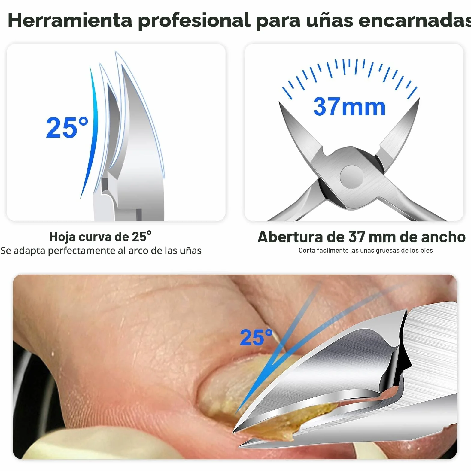 Cortaúñas para personas mayores, uñas gruesas 16 mm/37 mm, apertura ancha, mango largo, inclinado 45 grados