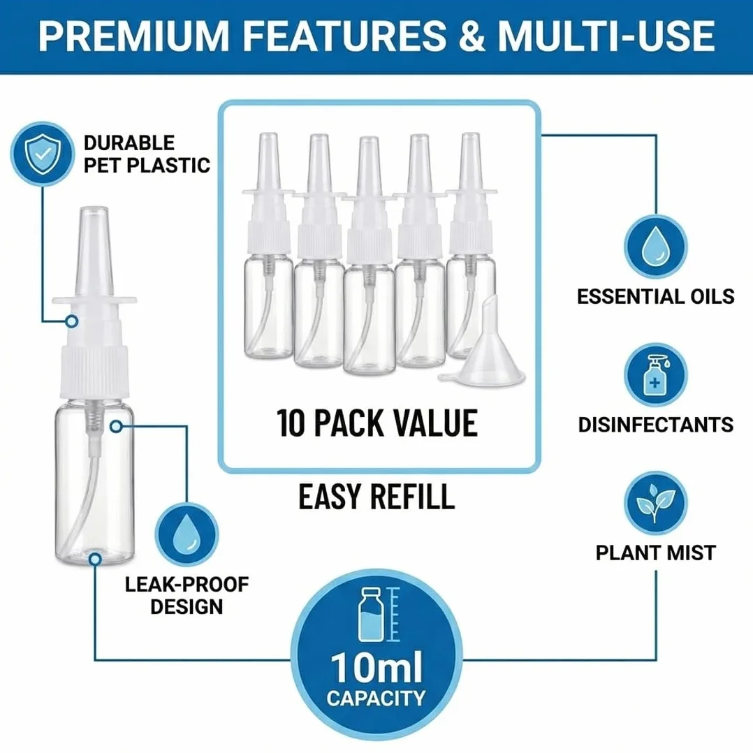 Botellas de Aerosol Nasal 10ml Plástico Atomizador Rellenable Fina Pulverización Agua Perfume Aceites Esenciales