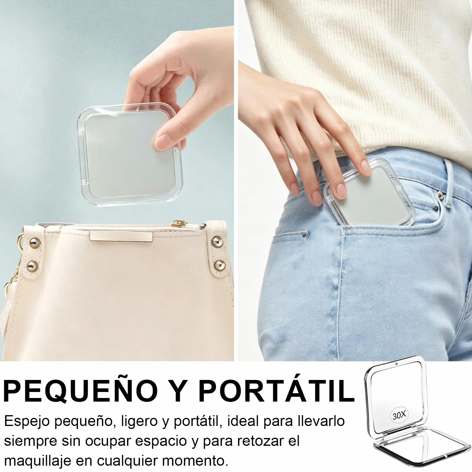 Espejo de Bolsillo 30X Doble Cara Maquillaje 8x8cm Plegable