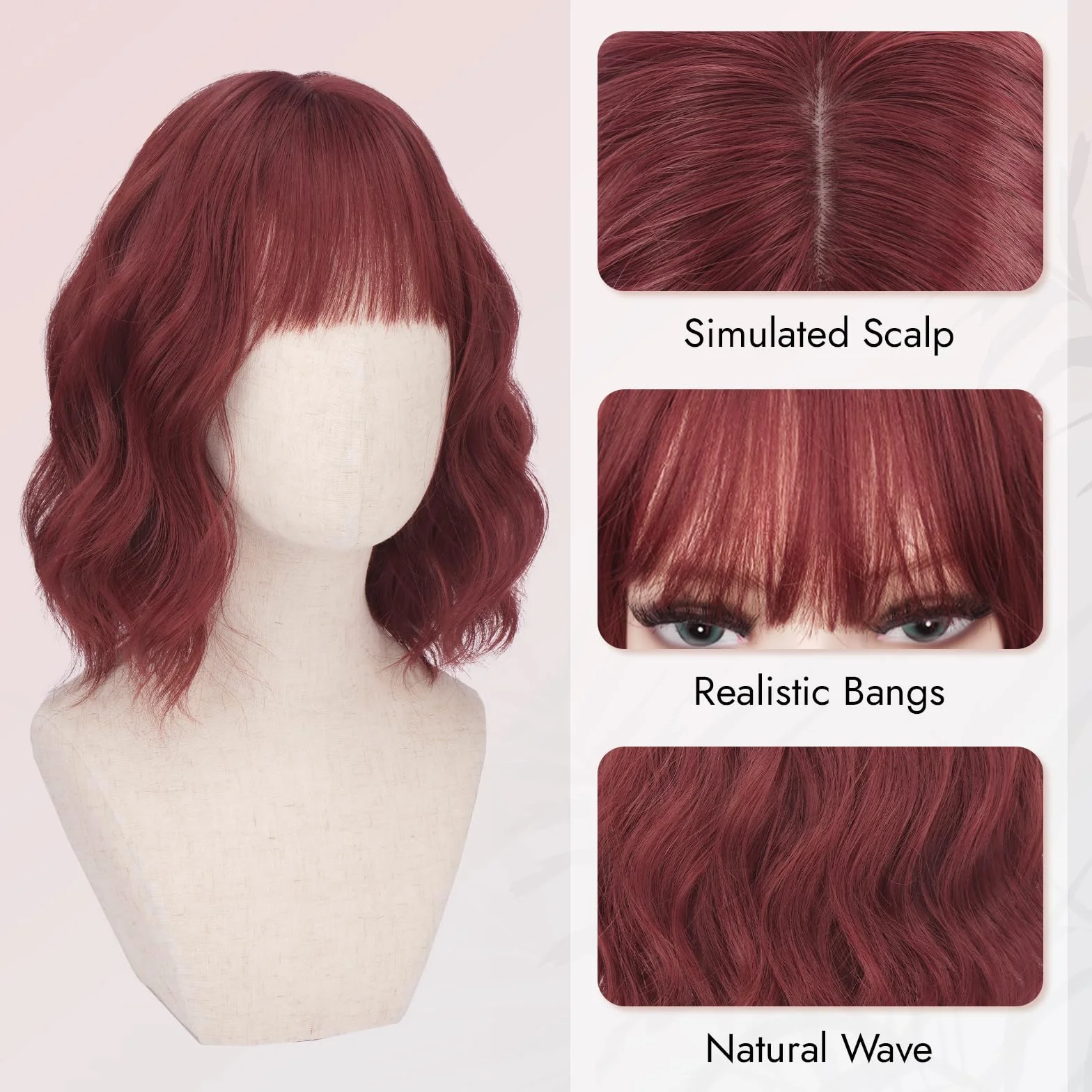 Peluca pelo Natural Amarillo Jengibre 35 cm con Flequillo Rizada Ondulada Bob Corta Sintética
