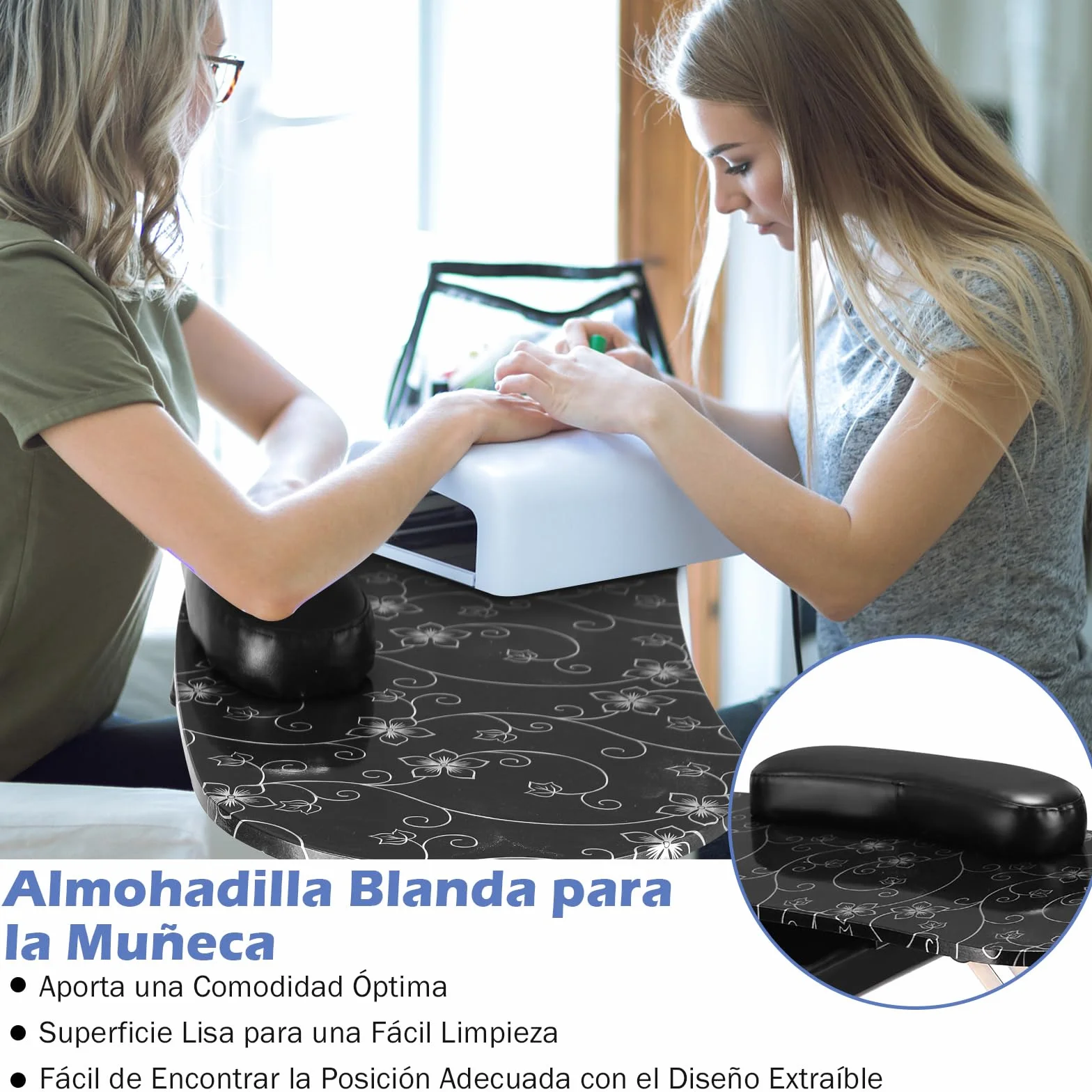 COSTWAY Mesa de Manicura con Ruedas Plegable Portátil con Caja de Almacenamiento y Almohada para la Muñeca para Uña Decoración