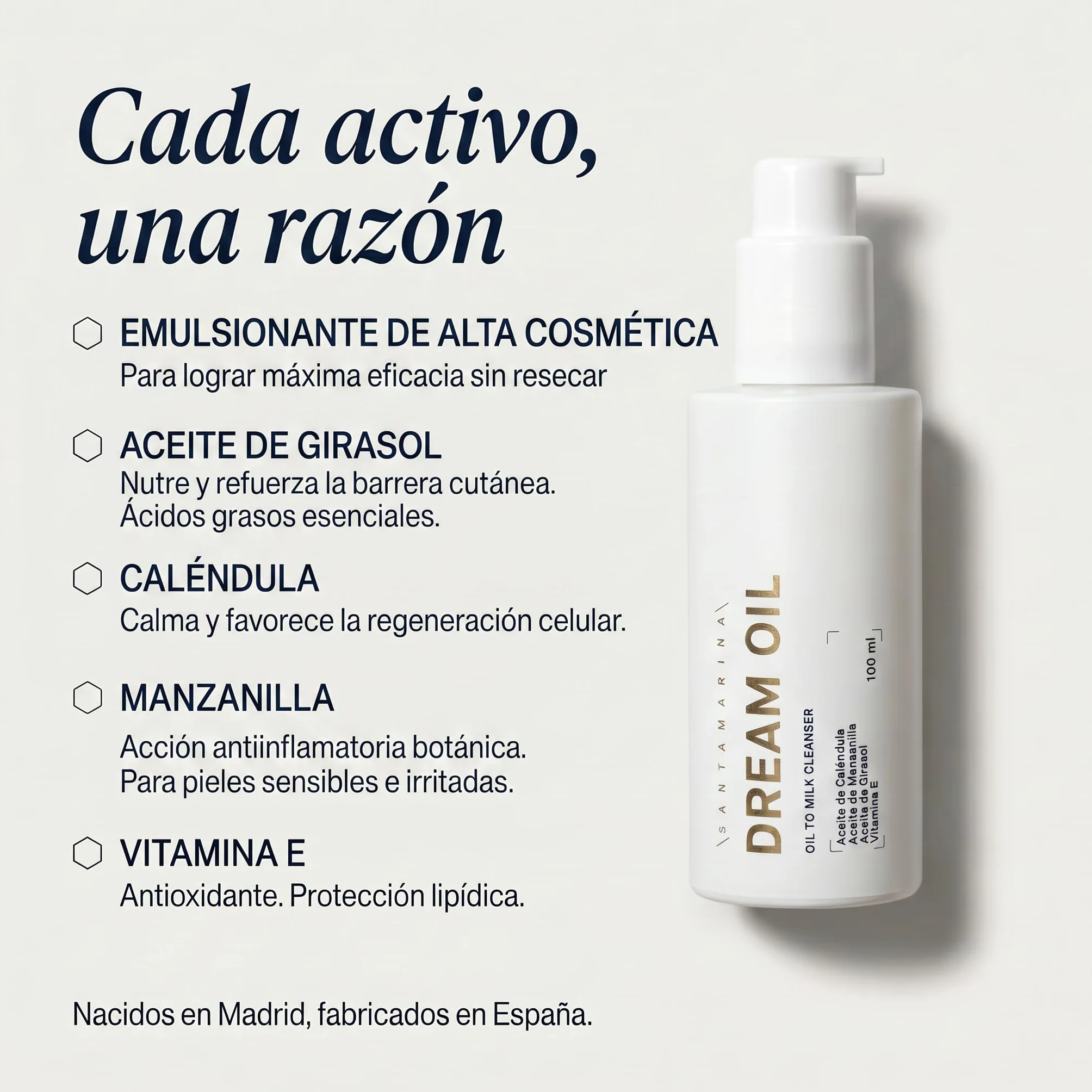 Santamarina Cosmetics DREAM OIL Aceite Limpiador Facial Desmaquillante Natural 100 ml Oil to Milk Caléndula Manzanilla Girasol
