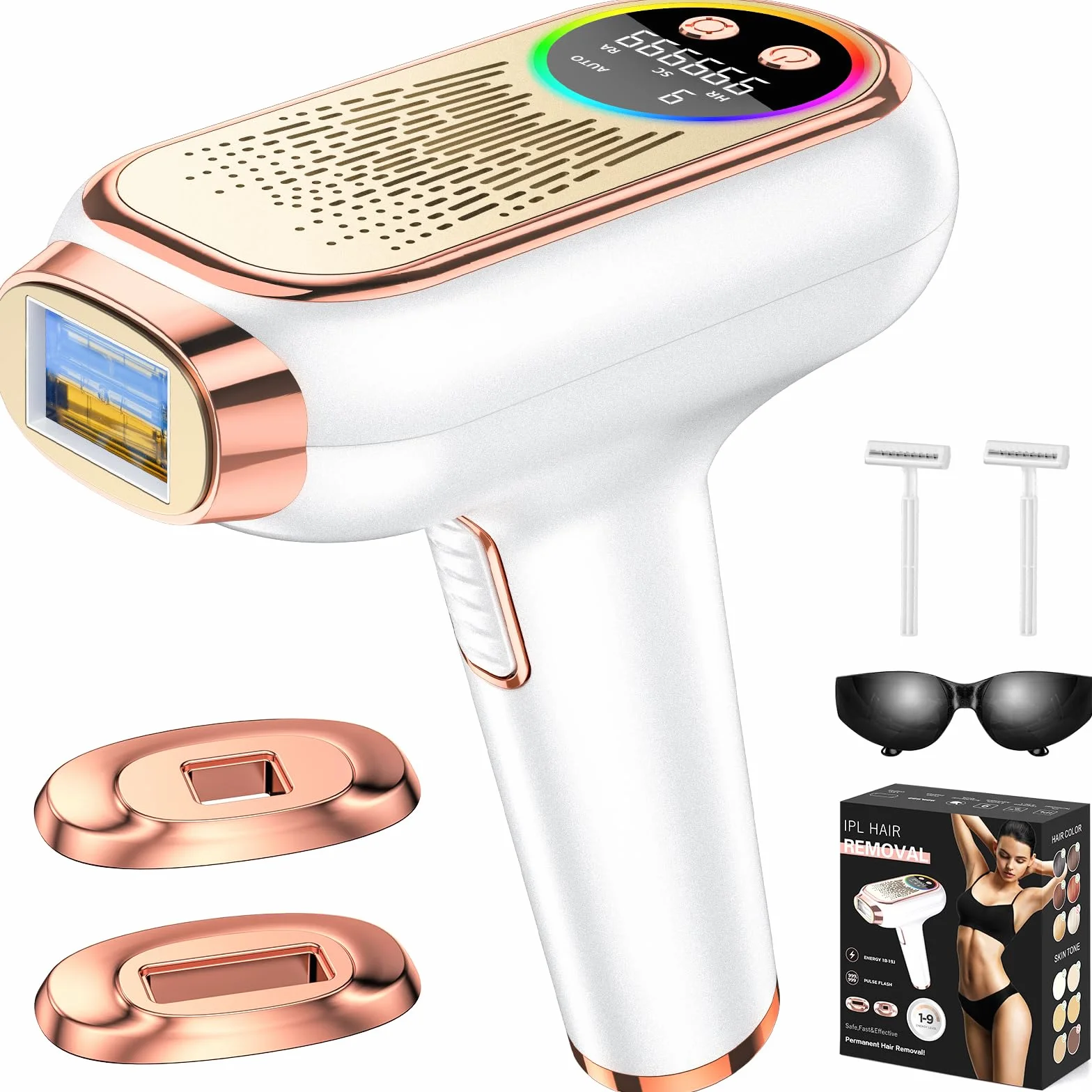 Depiladora Laser IPL 6,8cm² Gran Calibre 3 en 1 9 Niveles de Energía para Bikini Axilas Cara Cuerpo Oro Rosa