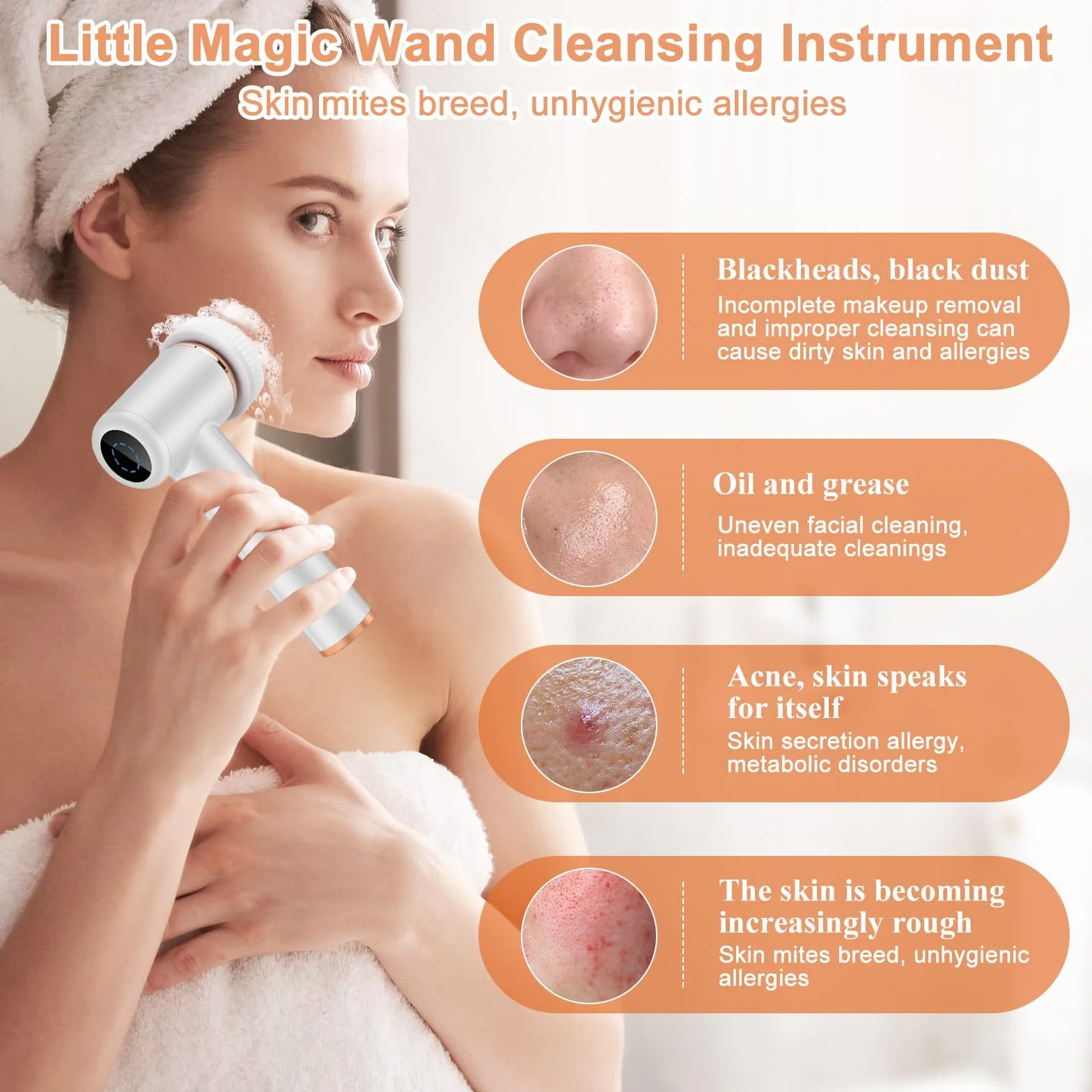 Cepillo limpieza facial eléctrico recargable IPX6 4 cabezales 5 niveles ajuste
