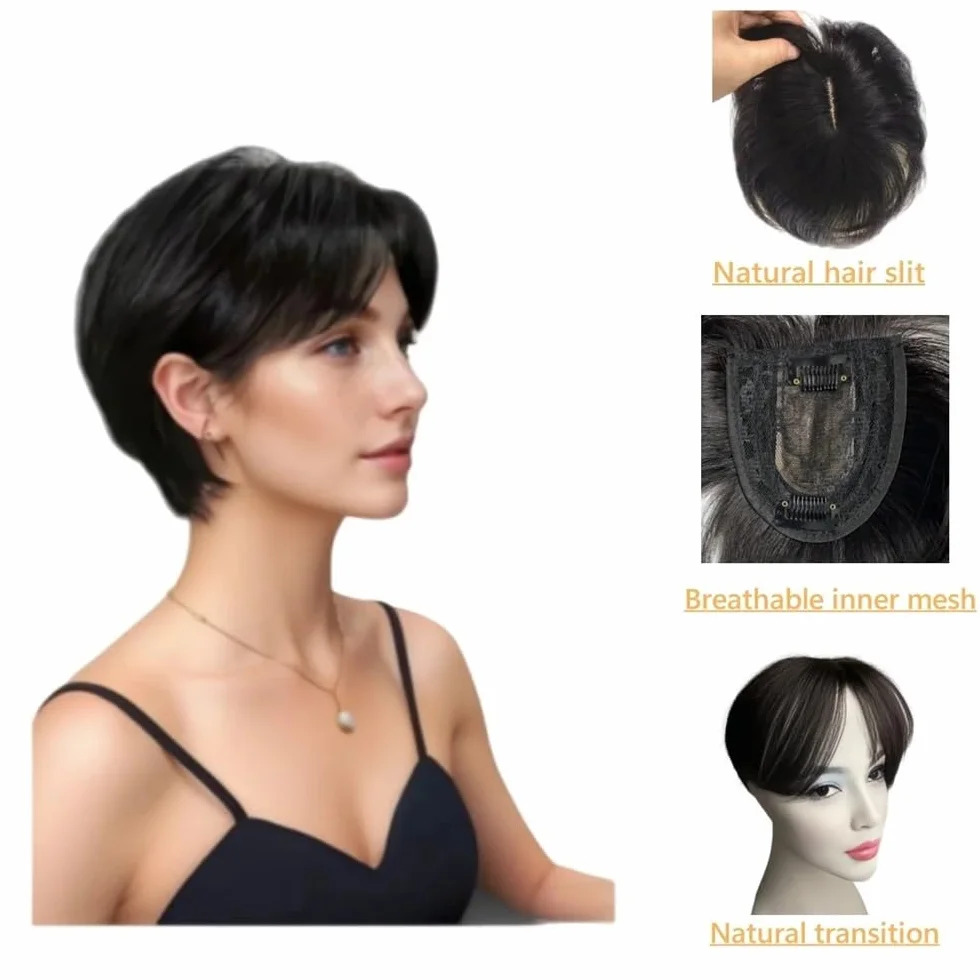 Extensiones de cabello humano natural de 8x10 cm for mujer, con clips finos y encaje suizo for cubrir la calvicie o las canas. 15 cm para mujeres encantadoras(Natural Black)