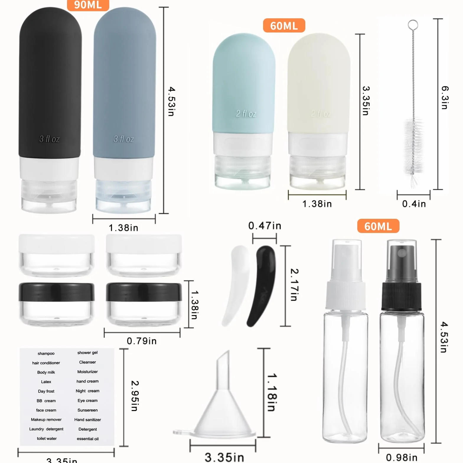 Kit de Viaje Botes Rellenables de Silicona Set de 17 a Prueba de Fugas Negro
