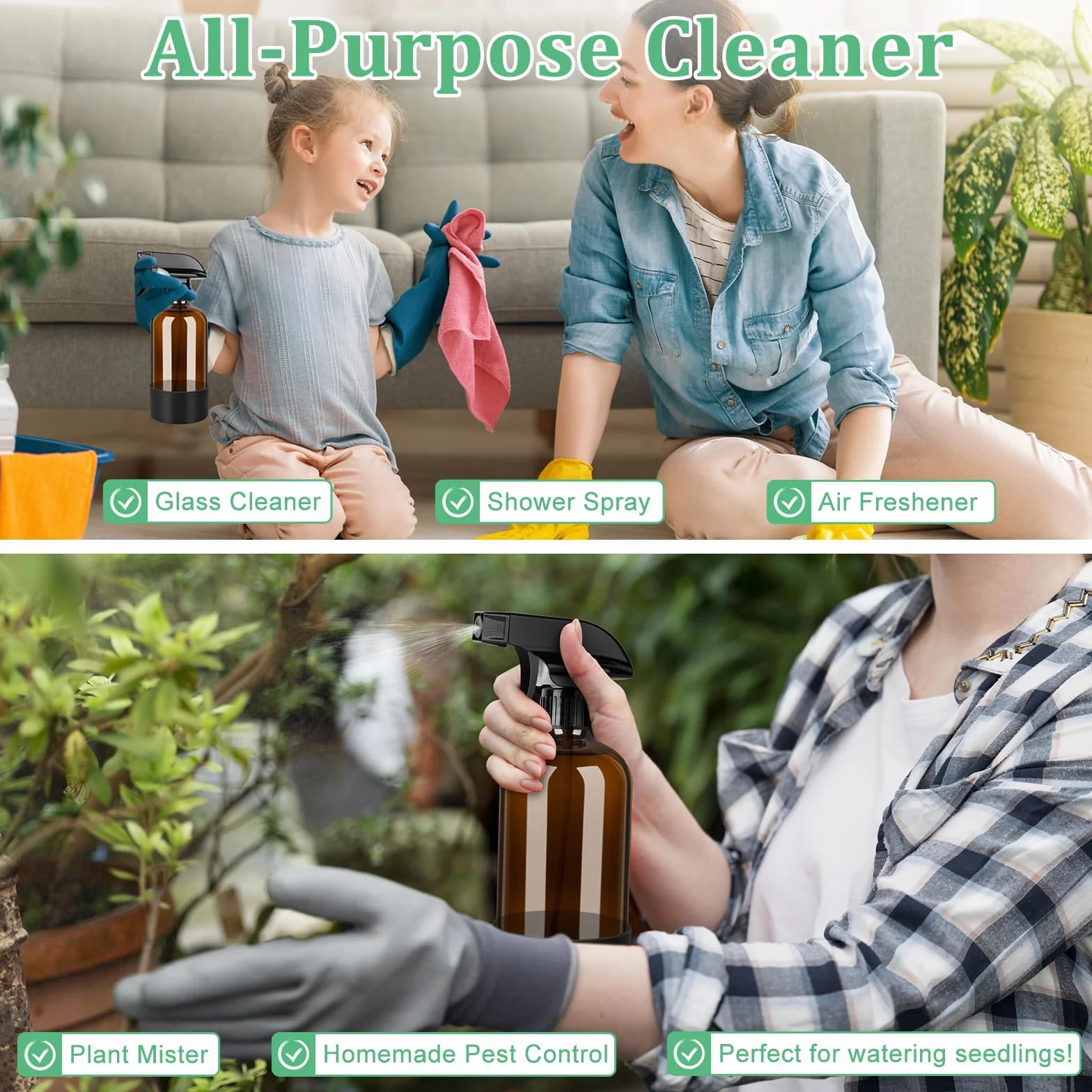 Botellas de spray de vidrio ámbar 500 ml, paquete de 3, recargables para limpieza y aceites esenciales