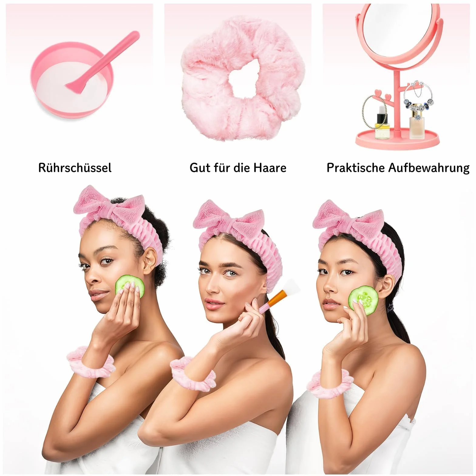 Juego de 48 piezas para fiesta de spa niñas accesorios pijamas rosa diademas espejos bolsas cosméticos