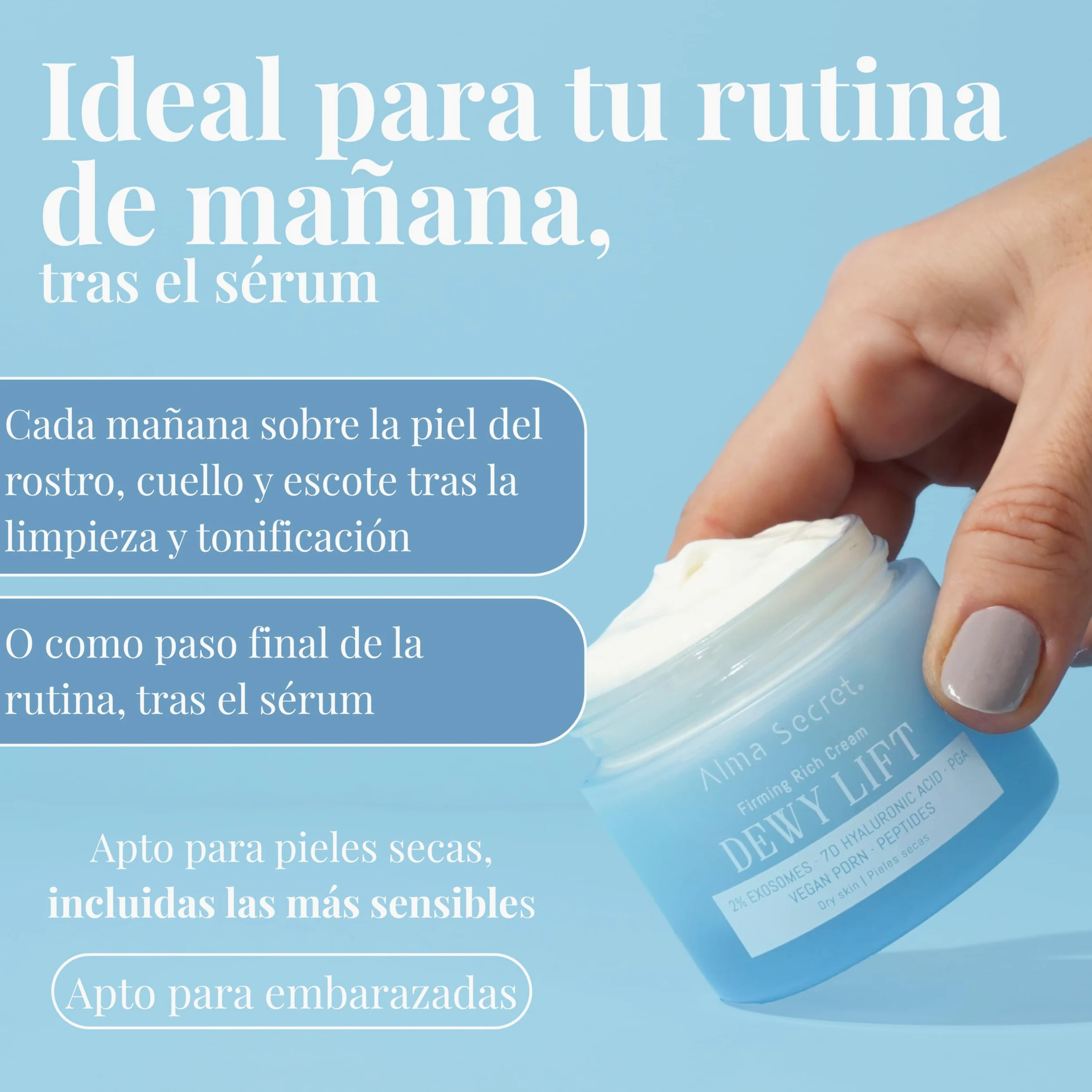 ALMA SECRET | Dewy Lift Rich Firming Cream | Crema de día reafirmante, redensificante e hidratante con 2% Exosomas, PDRN Vegano, 7D Ácido Hialurónico y PGA | 50 ml (Piel seca)