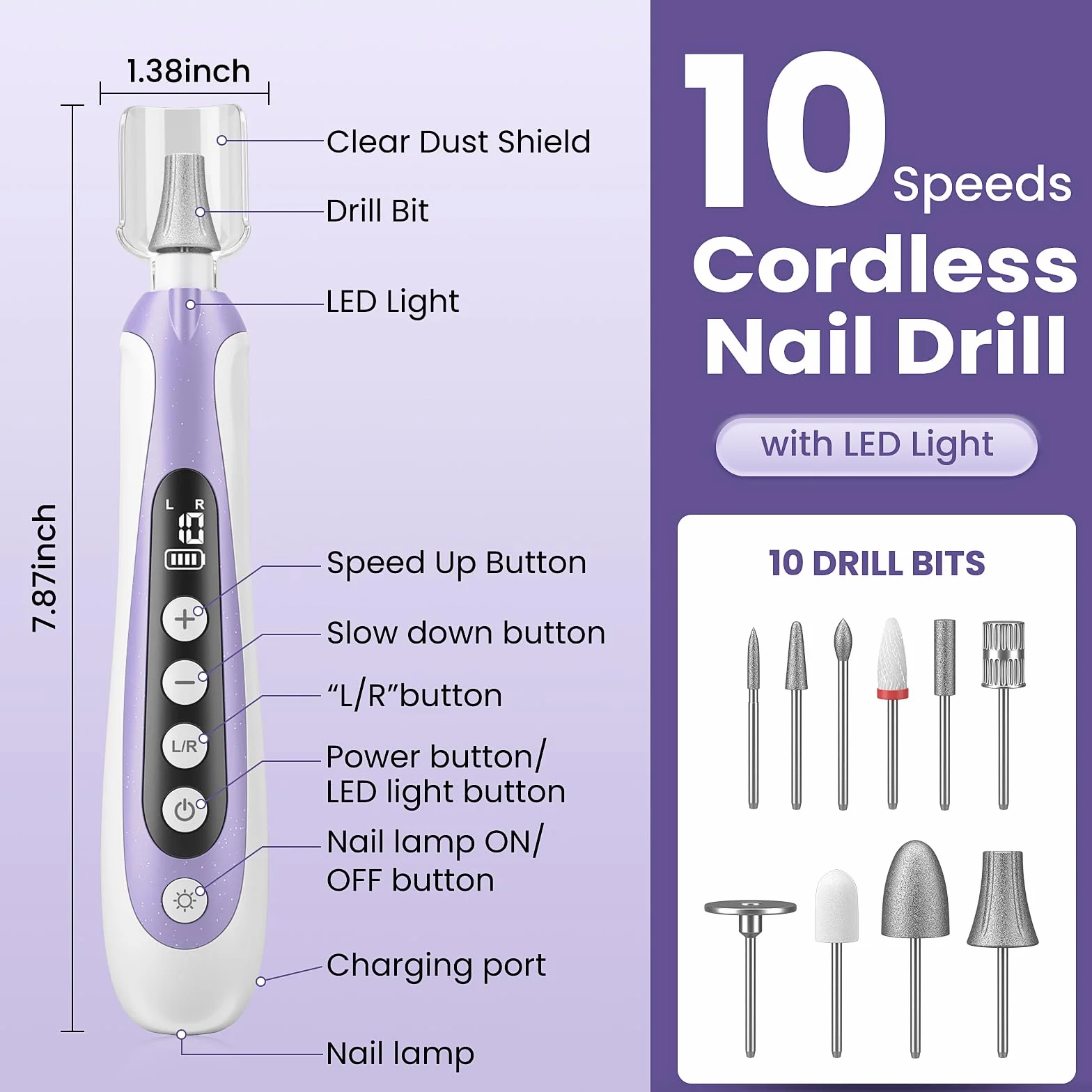 Taladro de uñas, lima de uñas eléctrica y lima de uñas inalámbrica de 10 velocidades, kit 10 en 1 para uñas gruesas, kit de manicura y pedicura portátil recargable de 2000 mAh con pantalla LED, regalo