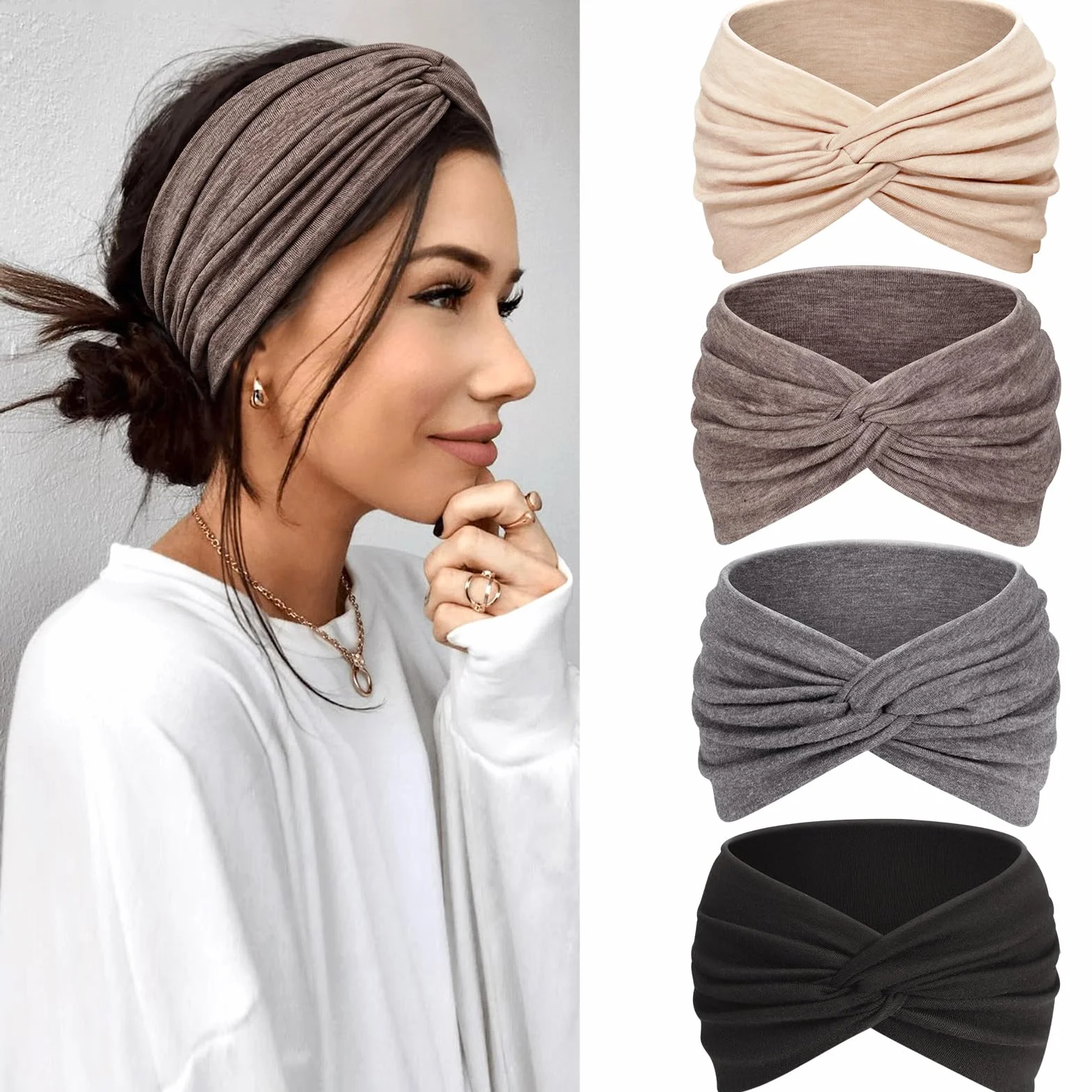 Kavya Diadema Mujer Cinta Pelo 4 Unidades 7'' Ancho Elástico Boho con Nudo Cruzado Turbantes Bandana Headband Accesorios Pelo Yoga Deportivo Maquillaje