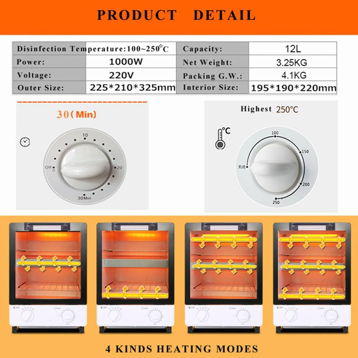 Esterilizador de alta temperatura para herramientas de uñas, esterilizador de calor seco de doble capa de 1000 W, capacidad de 12 litros, 100-250 ℃ con temporizador de 30 minutos para médicos