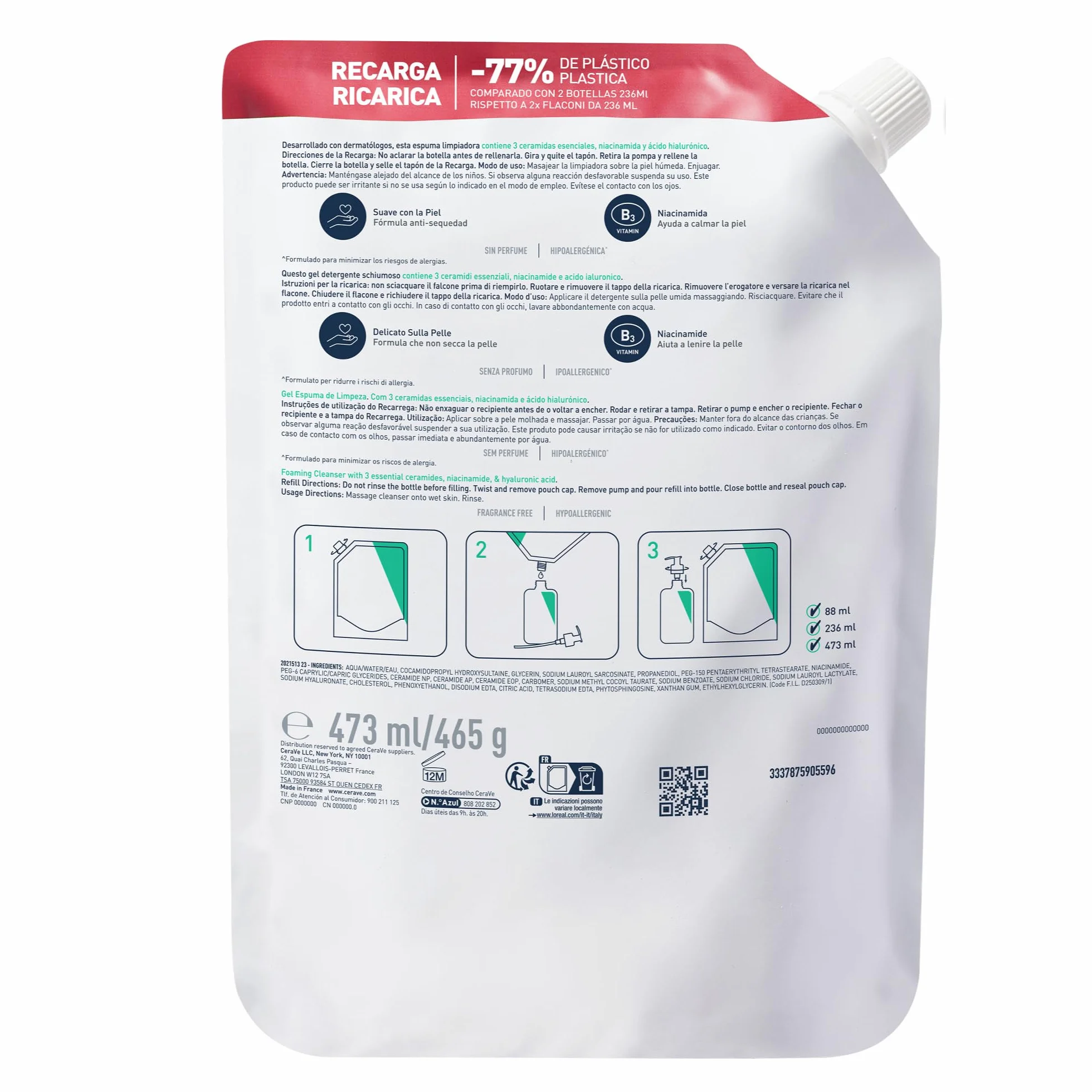 CeraVe Gel Limpiador Espumoso para Piel Normal a Grasa con Ceramidas, Niacinamida y Ácido Hialurónico