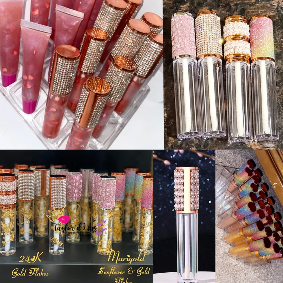 AMORIX Paquete de 72 tubos de brillo de labios de diamante de 5 ml con varita de 5 ml, recipientes vacíos de brillo de labios con diamantes de imitación, bonitas botellas de brillo de labios, kit de