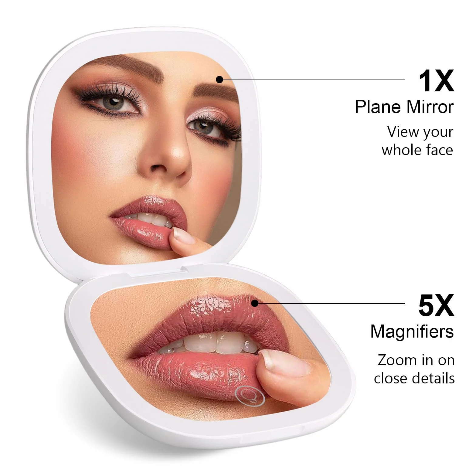 Colexy Espejo de Bolsillo con Aumento 1X/5X, Espejo de Maquillaje Compacto con Luz LED, Recargable y Plegable Doble Cara