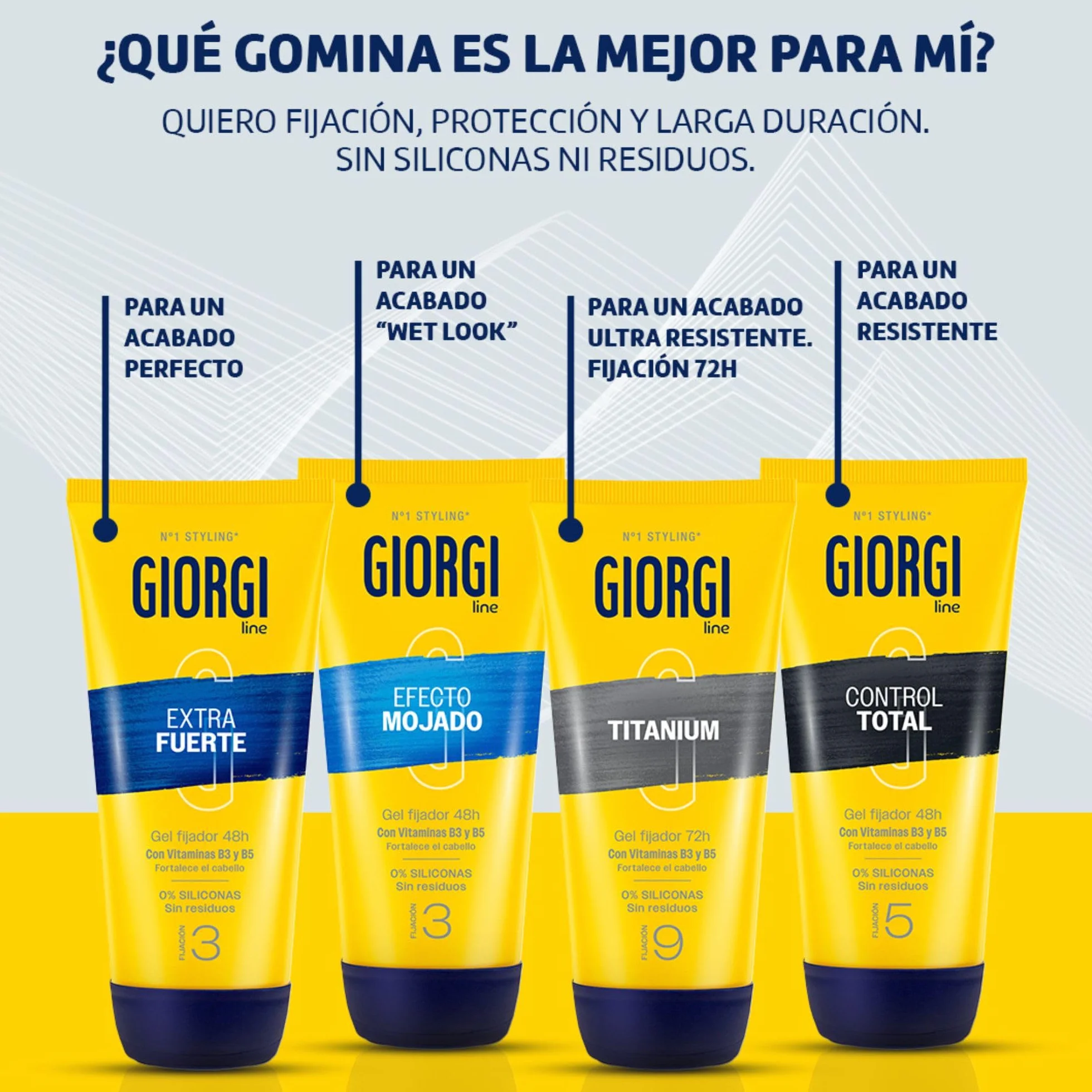 Giorgi Line Gomina Extra Fuerte XXL con Vitaminas B3 y B5 Fijación 3 Extrafuerte Duración 48h Sin Alcohol ni Siliconas Acabado Brillante 240 ml