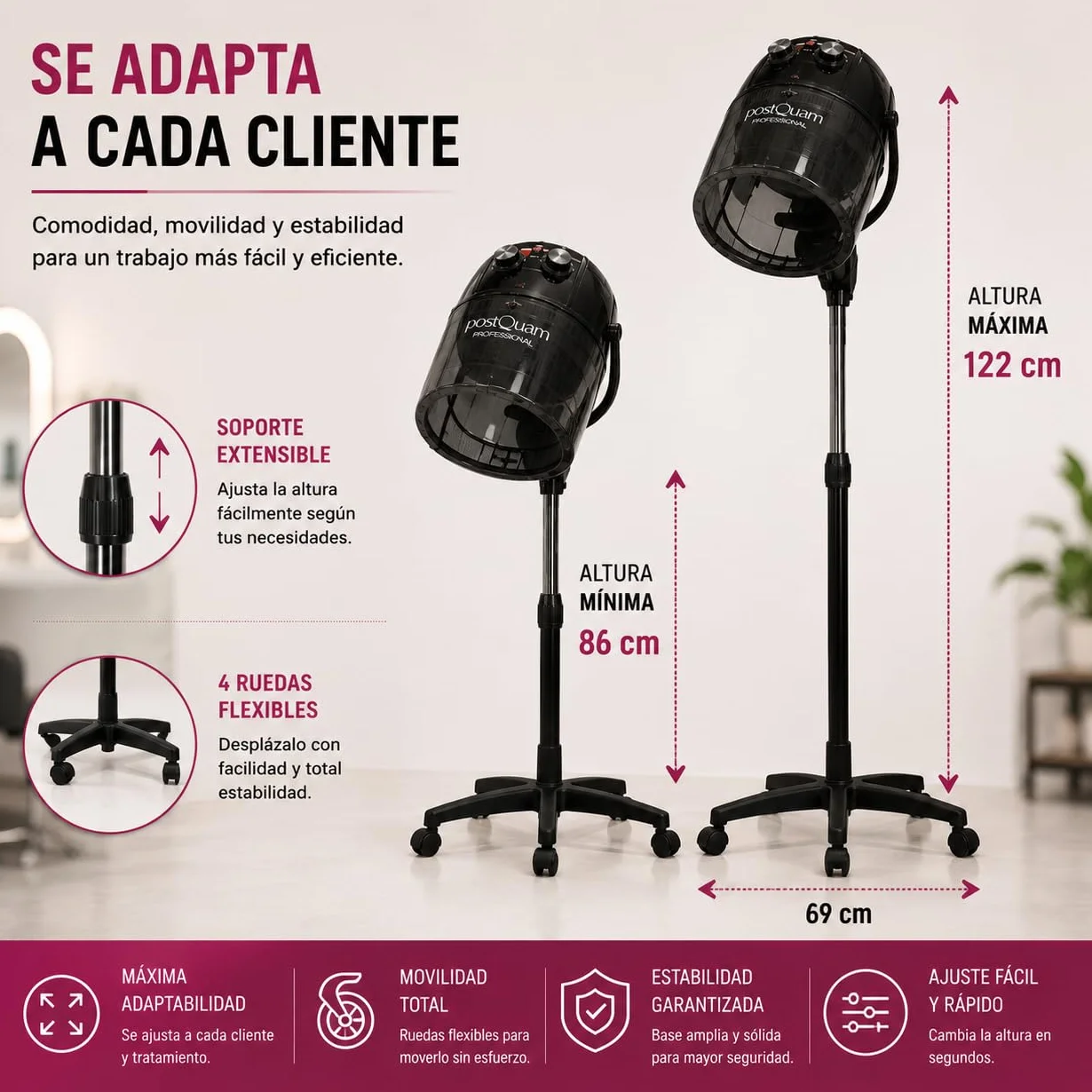 Italian Design Secador Casco 2 Speed Termo Regulador Tiempo Campana Plástico Ahumado Altura Ajustable 86-122 cm Ruedas Flexibles