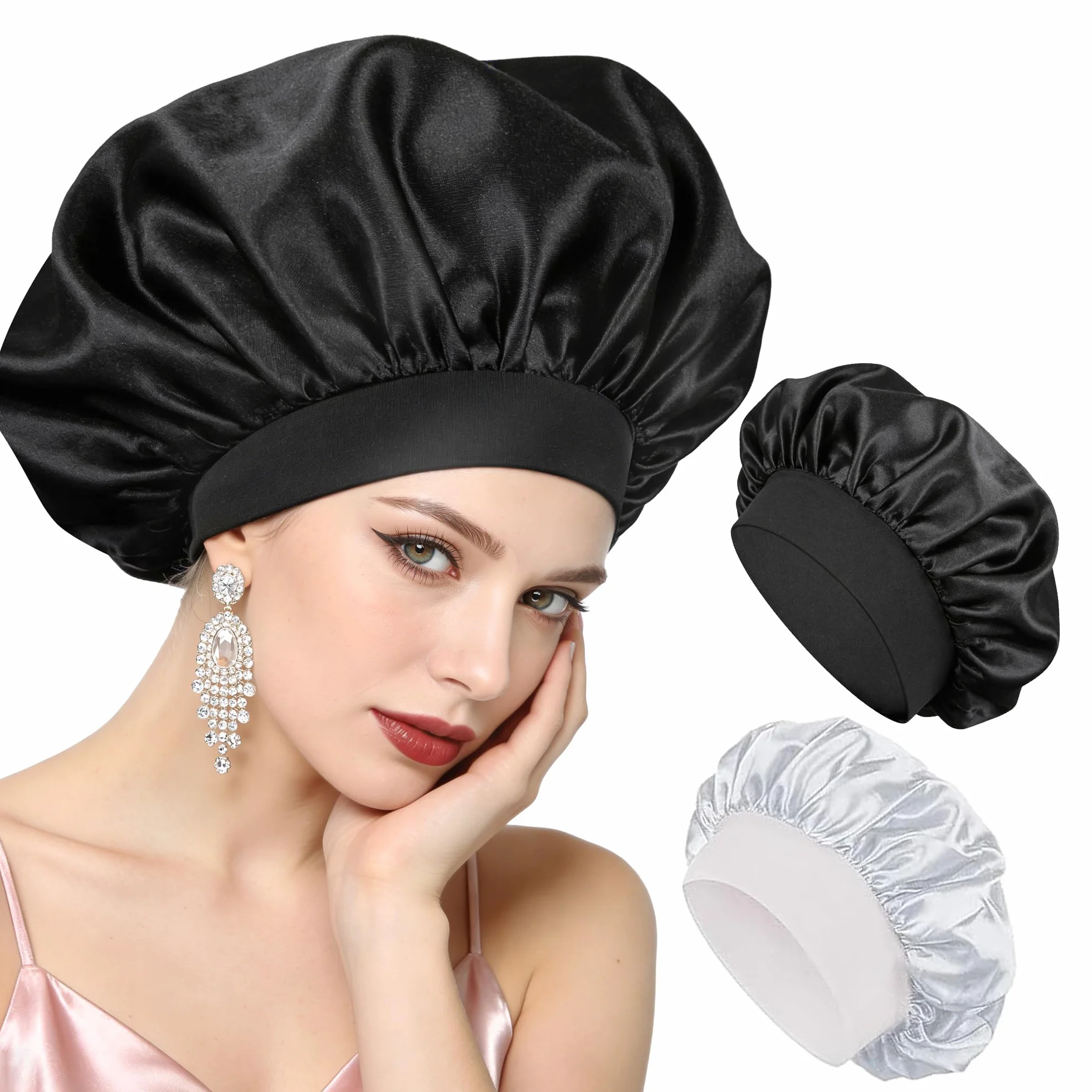 Gorro de Seda para Dormir 2 Piezas Gorros de Satén para el Cabello Antifrizz Negro Plateado