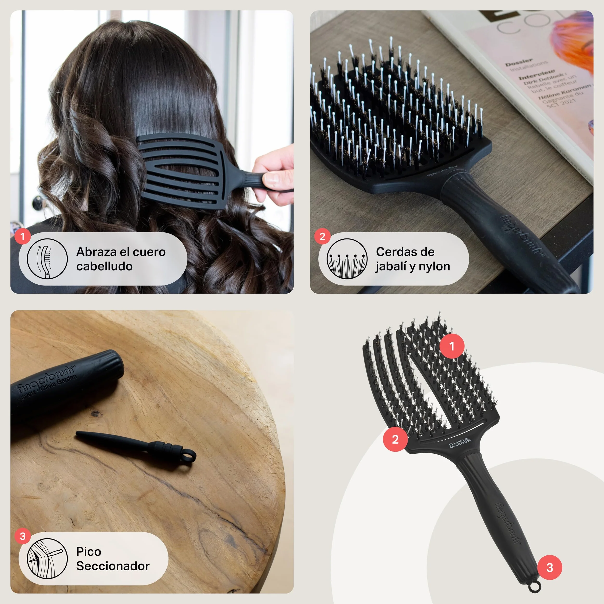 Olivia Garden Fingerbrush Combo Large Cepillo Pelo Largo Antitirones Cerdas Jabalí Nylon Brillo Natural Negro
