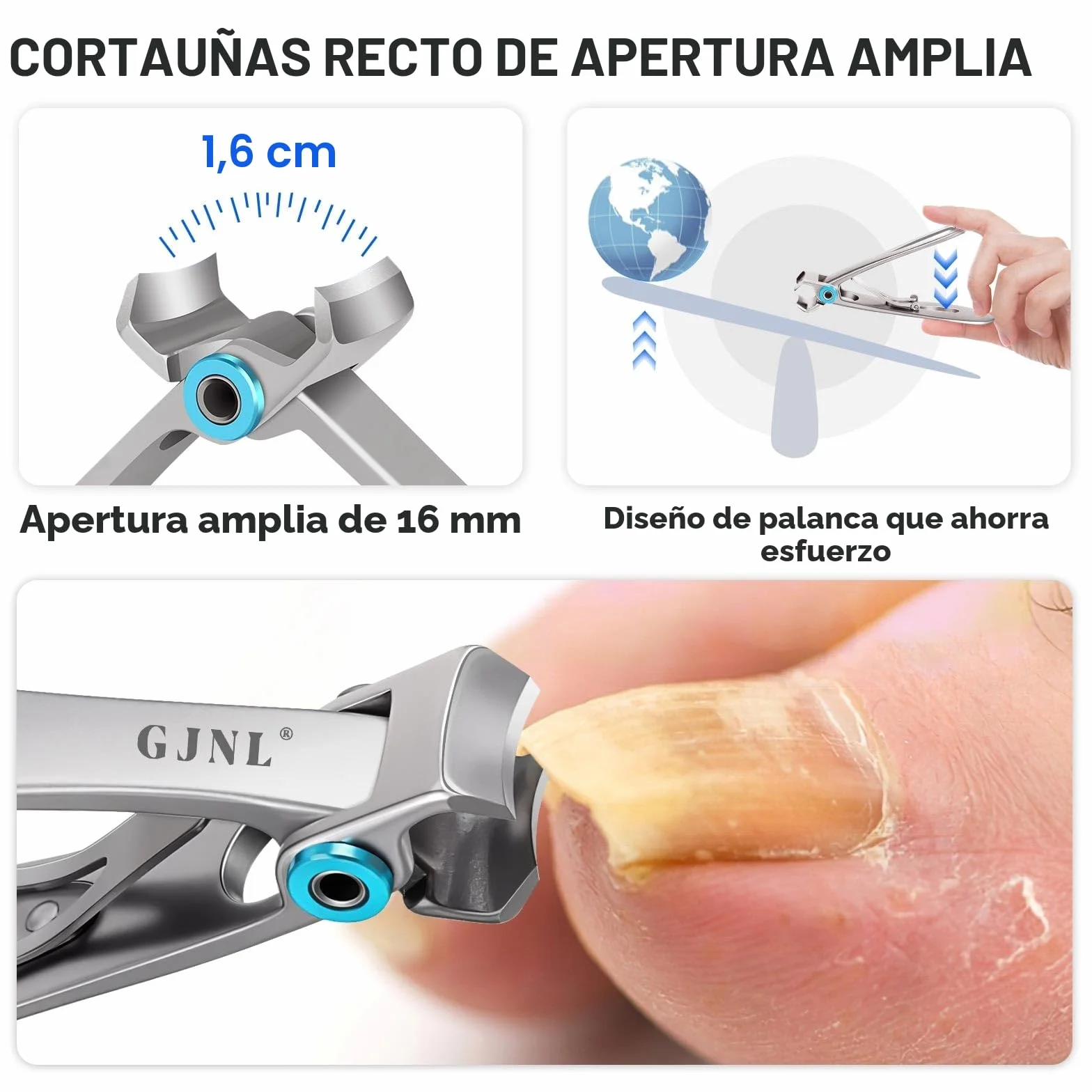 Cortaúñas para personas mayores, uñas gruesas 16 mm/37 mm, apertura ancha, mango largo, inclinado 45 grados