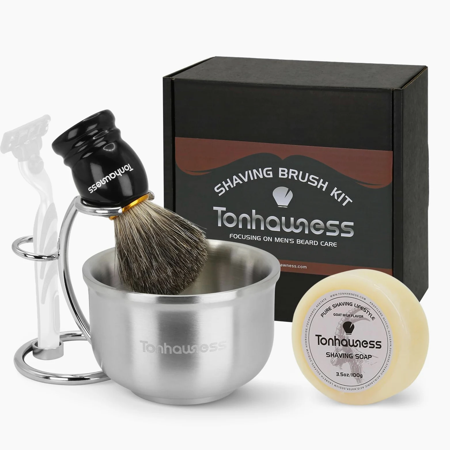 Kit de brochas de afeitar para hombre, juego de brochas de afeitar 4 en 1, incluye cepillo de afeitar de pelo de tejón, cuenco de afeitar de acero inoxidable, soporte de afeitado y jabón