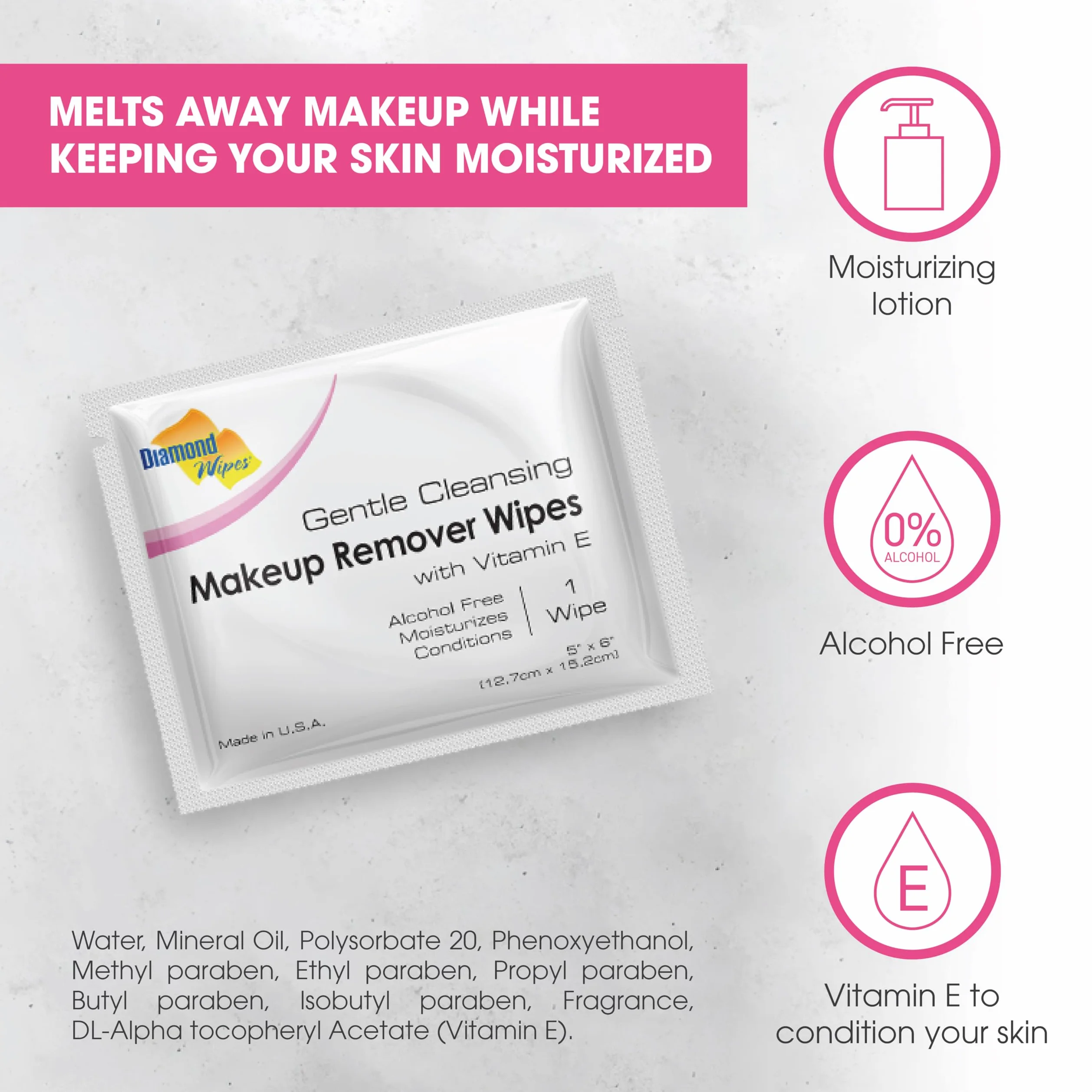 Gentle Makeup Remover Cleansing Face Wipes - Facial Towelettes with Vitamin E for Waterproof Makeup - Individually Sealed Wrappers Pack of 50