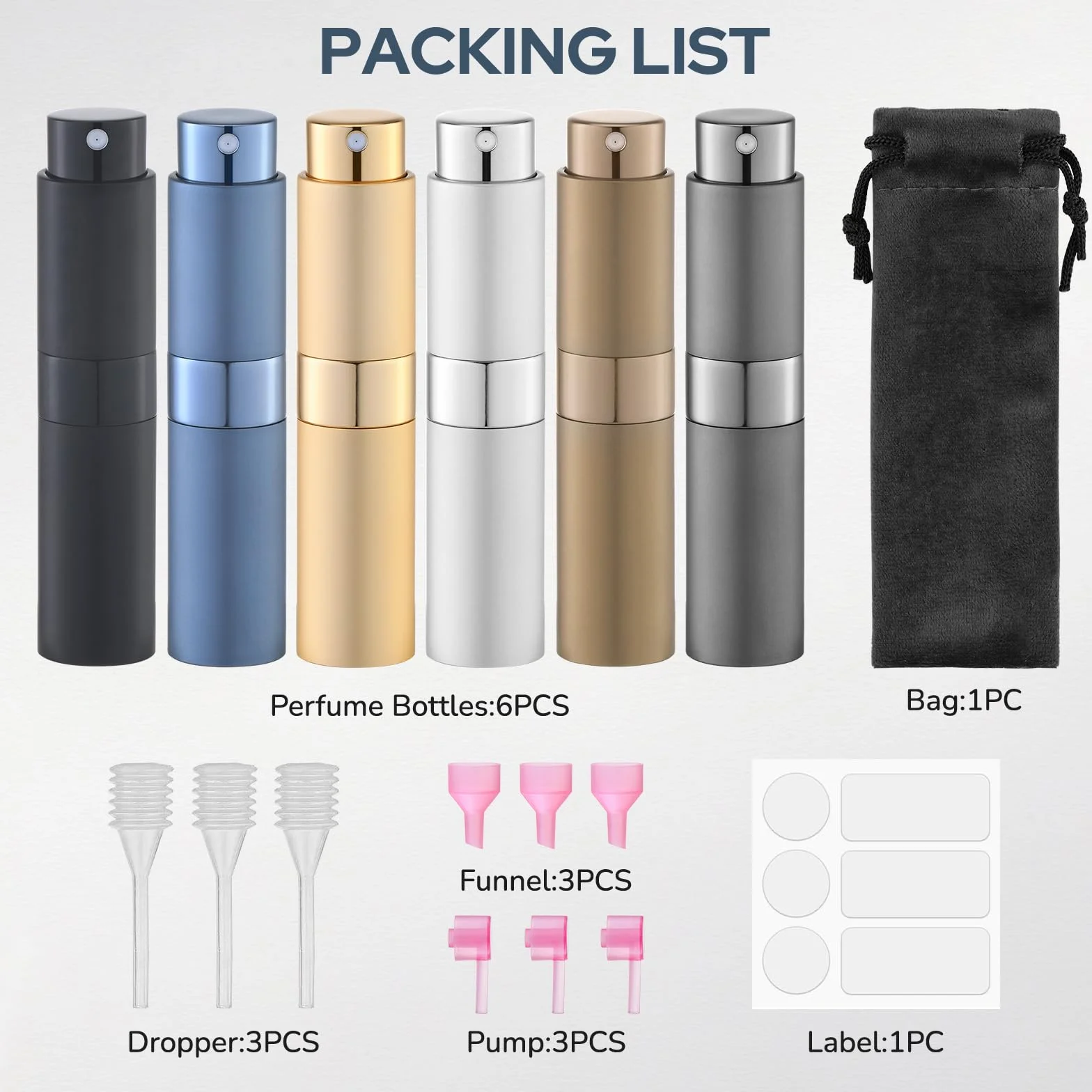 Lulupack 8ml Portátil Recargable Perfume Atomizador, Viaje Pulverizador, Botella Spray 6pcs Multicolor