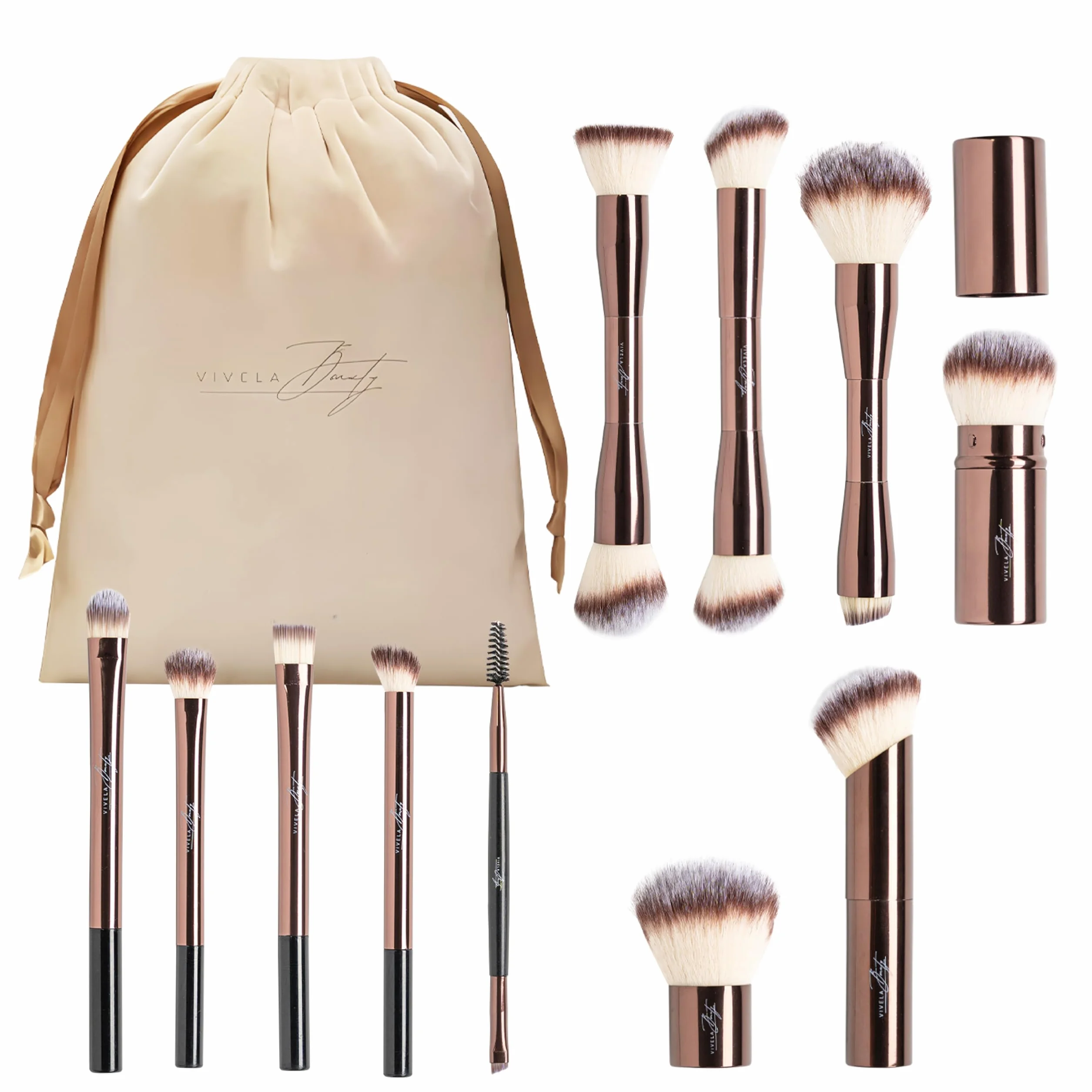 VIVELA 13 Brochas de Maquillaje Profesional con Bolsa de Viaje de Terciopelo, Pinceles Sintéticos Premium