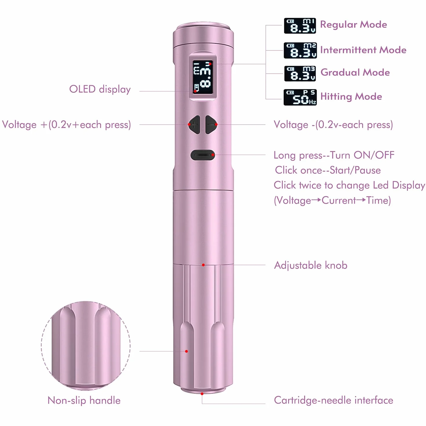 TATELF Kit de máquina de maquillaje semipermanent de Inalambrica con 2 Batería de Alimentación 10 cartuchos agujas para principiantes (Rosa)