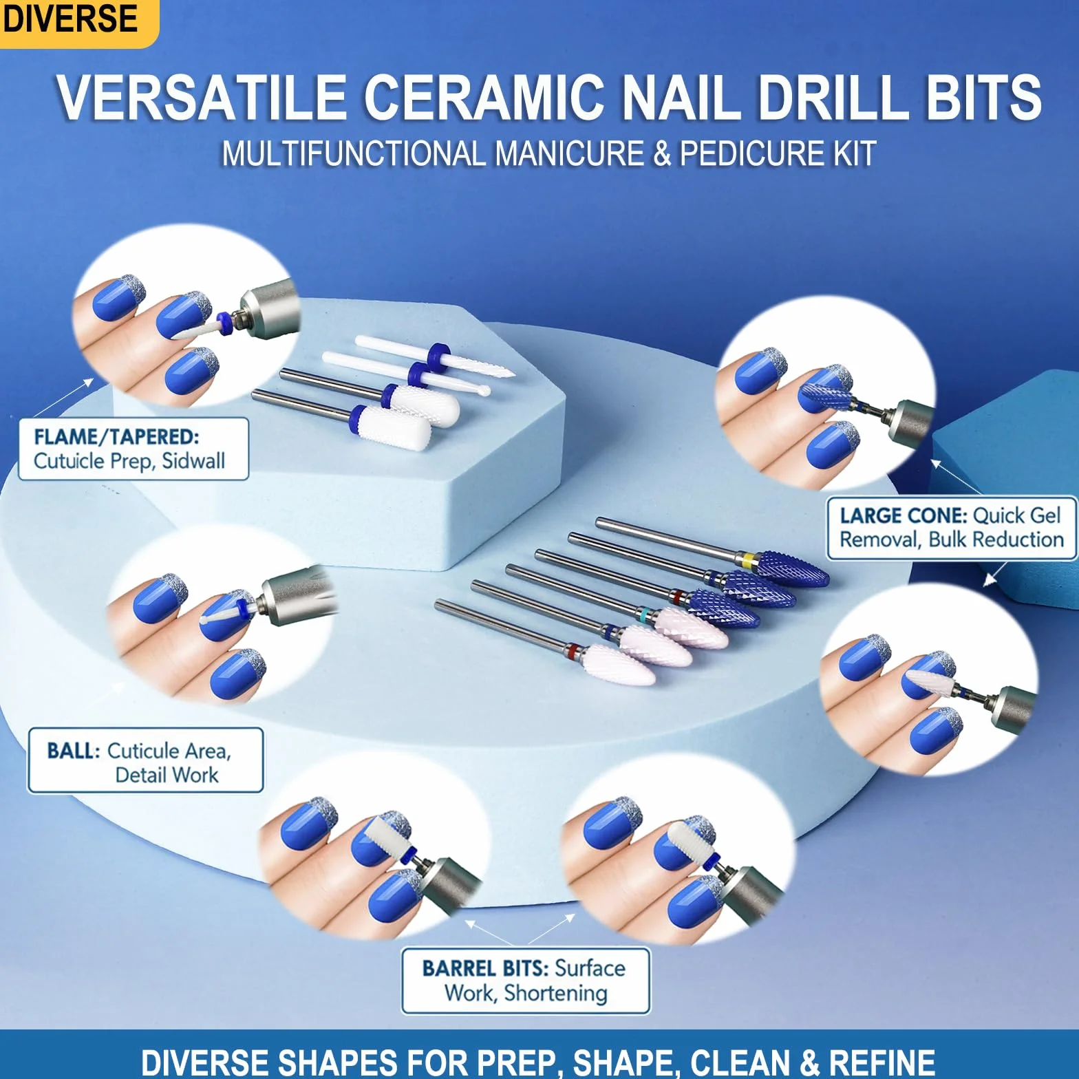 Juego de brocas de cerámica para uñas acrílicas Gel Polish Professional, kit de brocas de uñas Efile de 3/32 pulgadas para herramientas de arte de uñas con soporte, 10 unidades (S10-B)