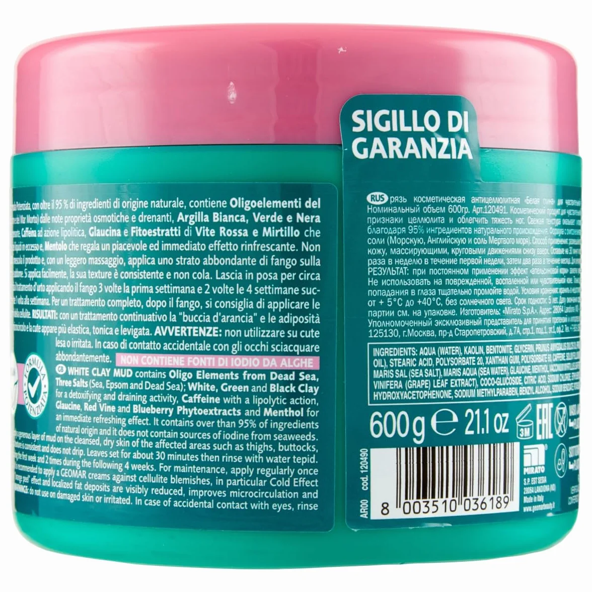 GEOMAR Barro de Arcilla Blanca 6 x 600 g Contra Celulitis 95% Natural