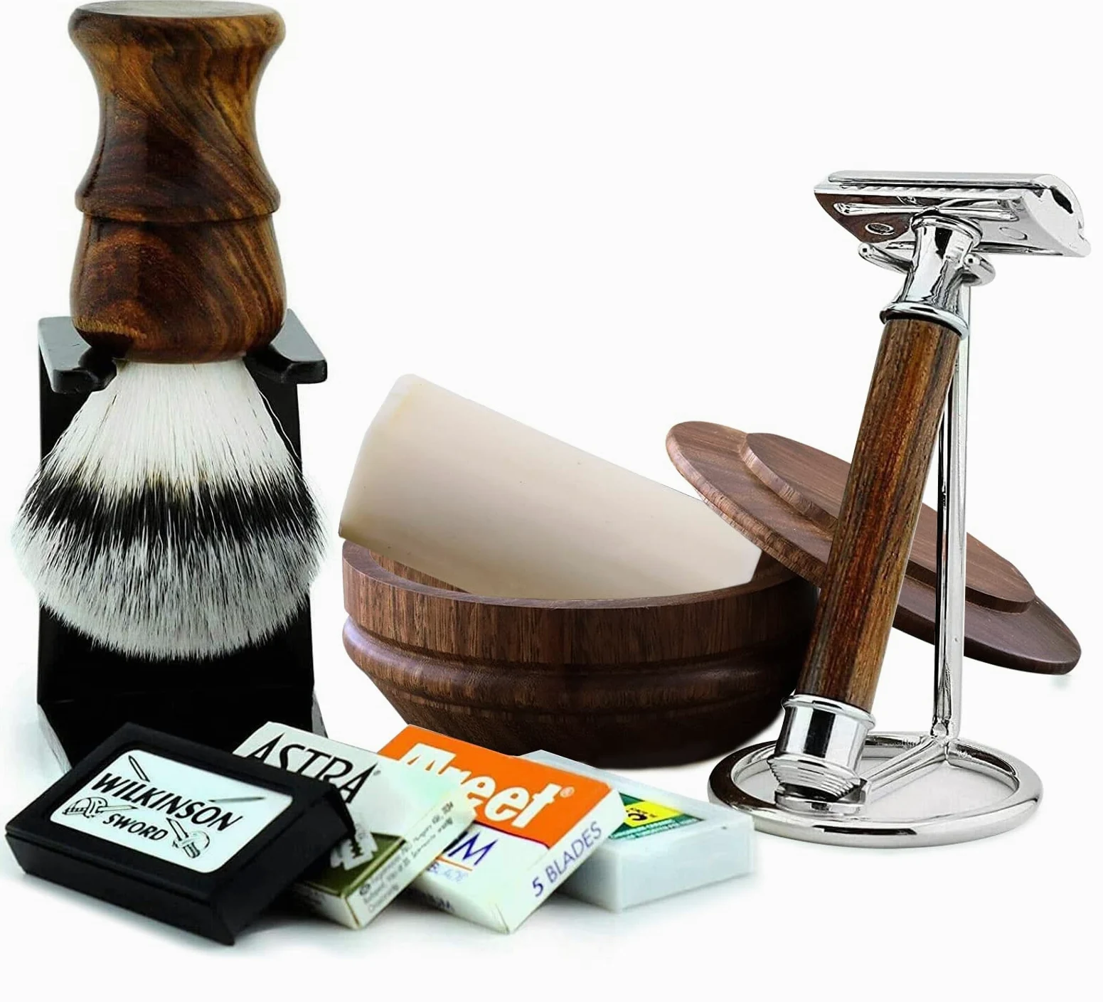 Kit de regalo de afeitado clásico para hombre, 7 piezas, maquinilla de afeitar de seguridad para afeitado húmedo, cepillo sintético para espuma de afeitado rica | Mango ligero de madera para jabón