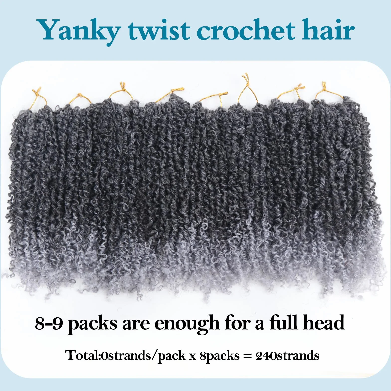 Yebo Yanky Crochet Braids Rizado 12 Pulgadas - 8 Paquetes 240 Mechas, Pelo de Fibra Química, Estilo Pasión Twist Afro, Trenzado Fácil(12inch Tgrey)