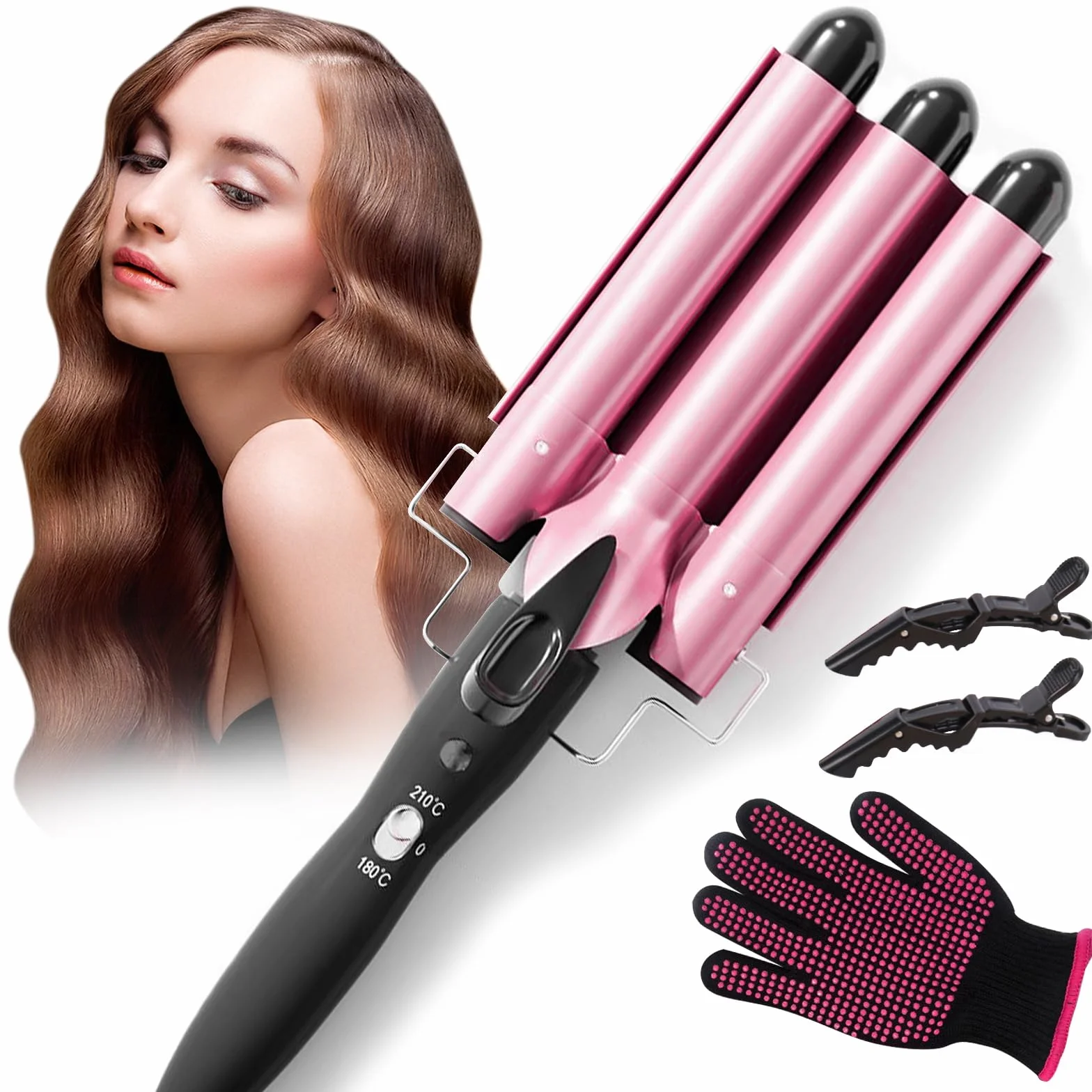 Rizador de Pelo 3 Tubos 22mm Ajustable 180℃/210℃ Turmalina Cerámica con 2 Clips Guante Rosa