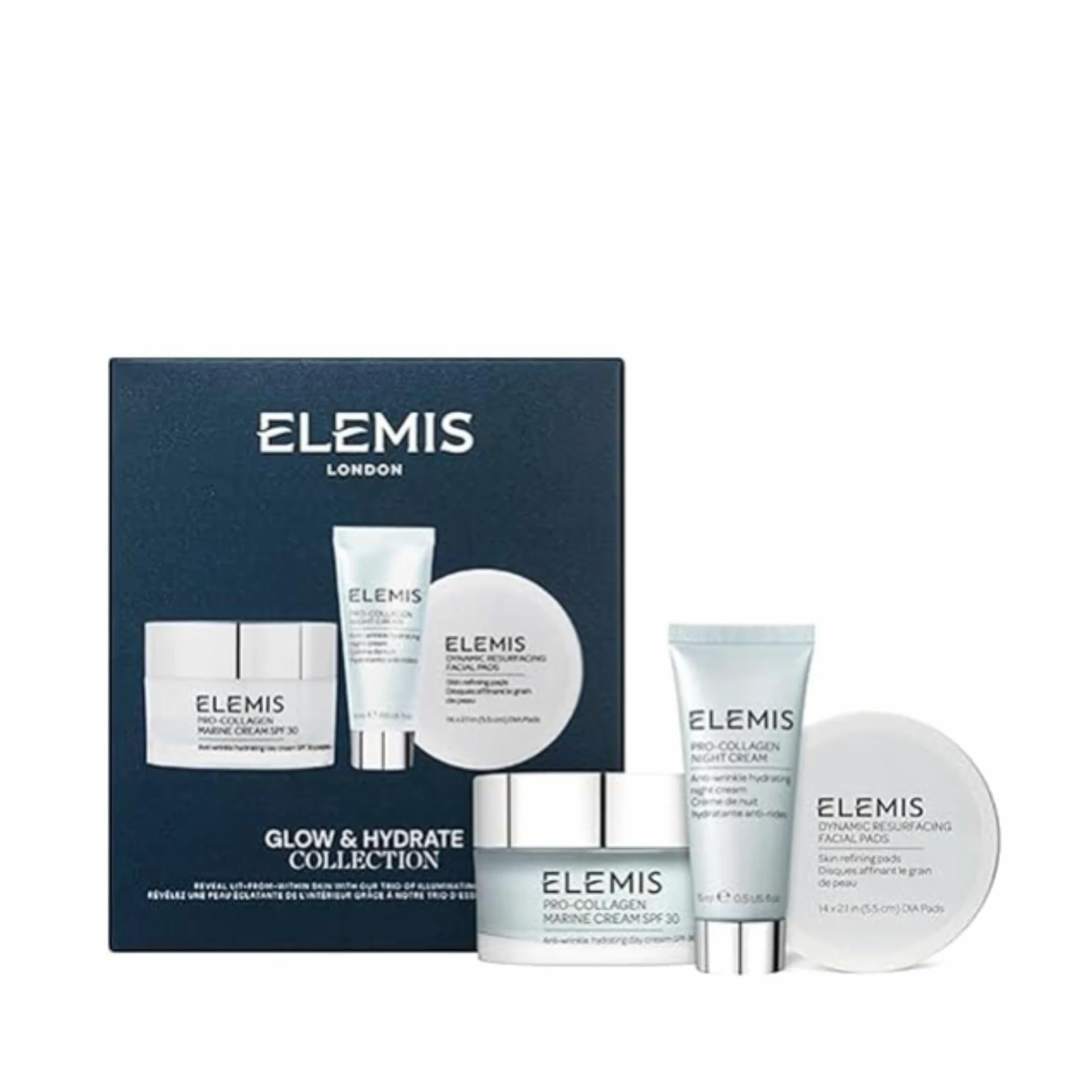 ELEMIS Glow & Hydrate Cuidado de la Piel Ritual Set de Regalo Mujer - Exfoliante Facial Pore Pads, Crema Collageno Antiarrugas & Crema de Noche Antiedad
