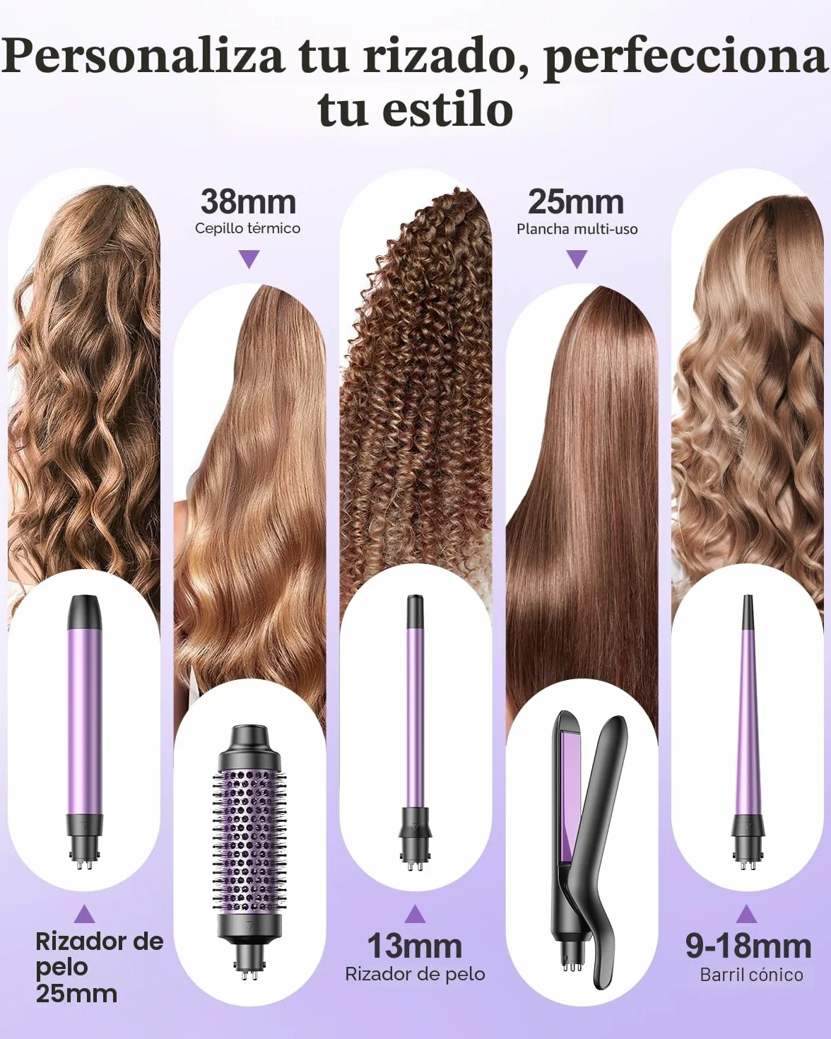 Curling Iron 5 en 1 BESTOPE PRO - Con Plancha de Pelo, Cepillo TéRmico, Rizador Pelo Ondas (9 Mm-25 Mm), Temperatura Ajustable - Para Viajes Y Regalos Hair Curler Kit