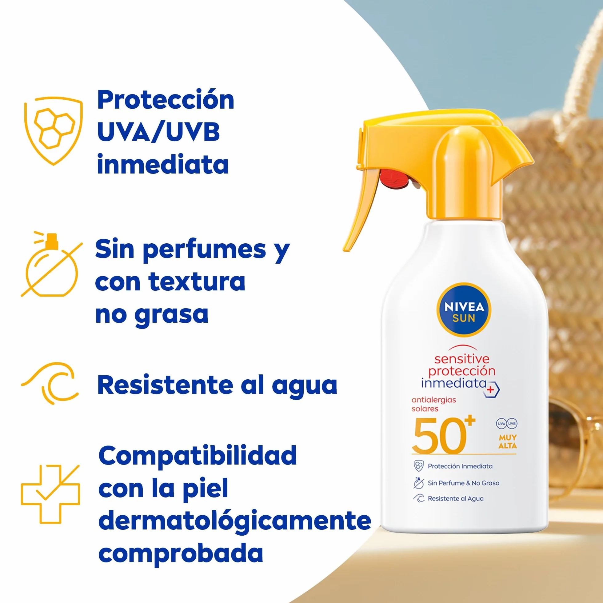 NIVEA SUN Sensitive Spray FP50+ Protector Solar Corporal 250 ml Alergias UVA/UVB Resistente al Agua