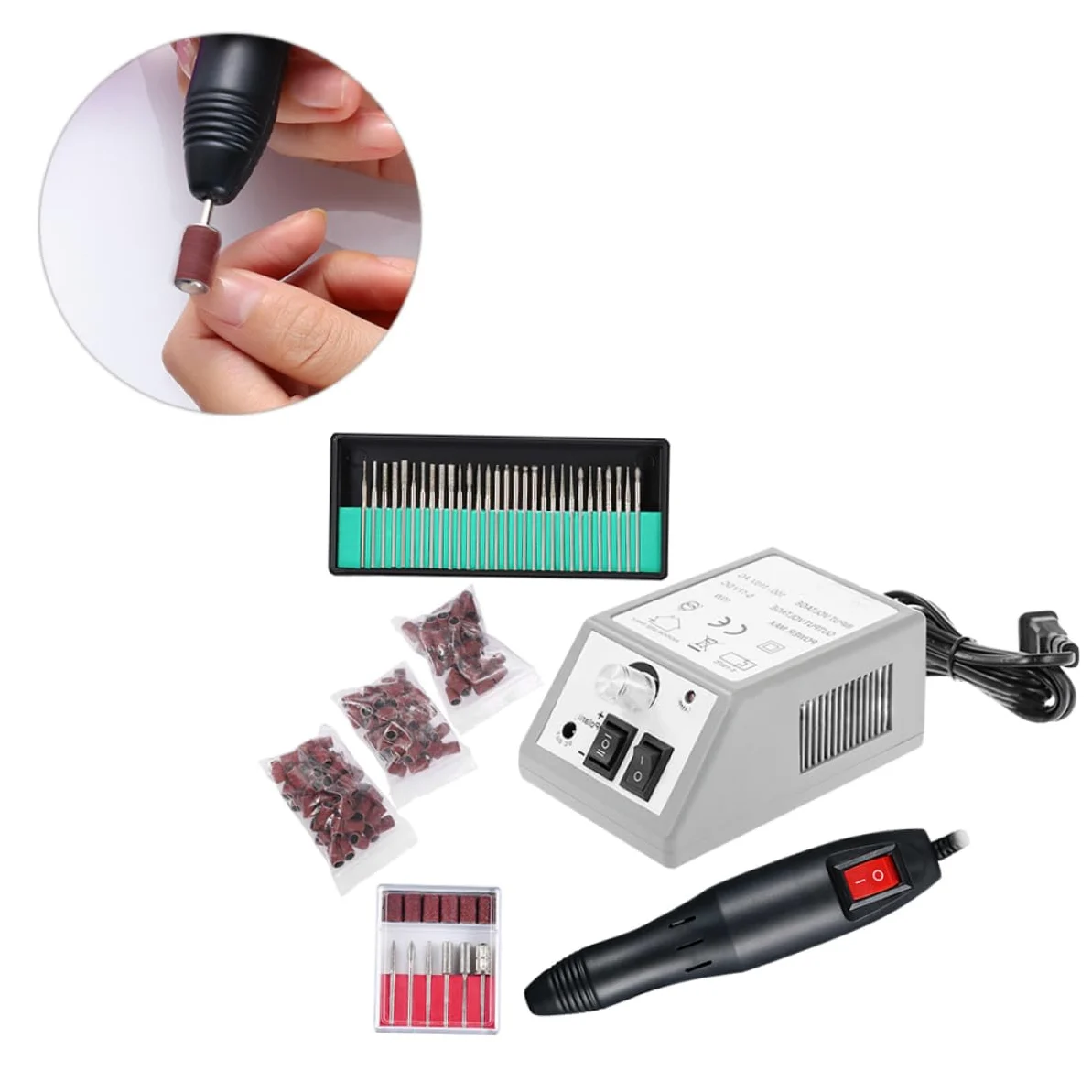 Taladro Eléctrico para Uñas 20000 Rpm, Kit de Manicura | 6 Puntas Estándar, Plástico y Metal, Agarre Cómodo, Uso Profesional y Doméstico