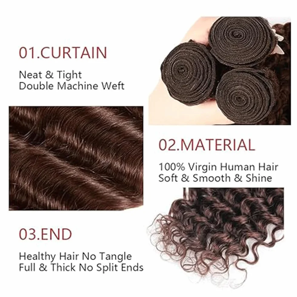Peluca de onda profunda para mujer, extensiones de cabello humano sin procesar brasileño, extensiones de cabello humano virgen brasileño, #4, marrón chocolate, paquete con una cobertura mínima