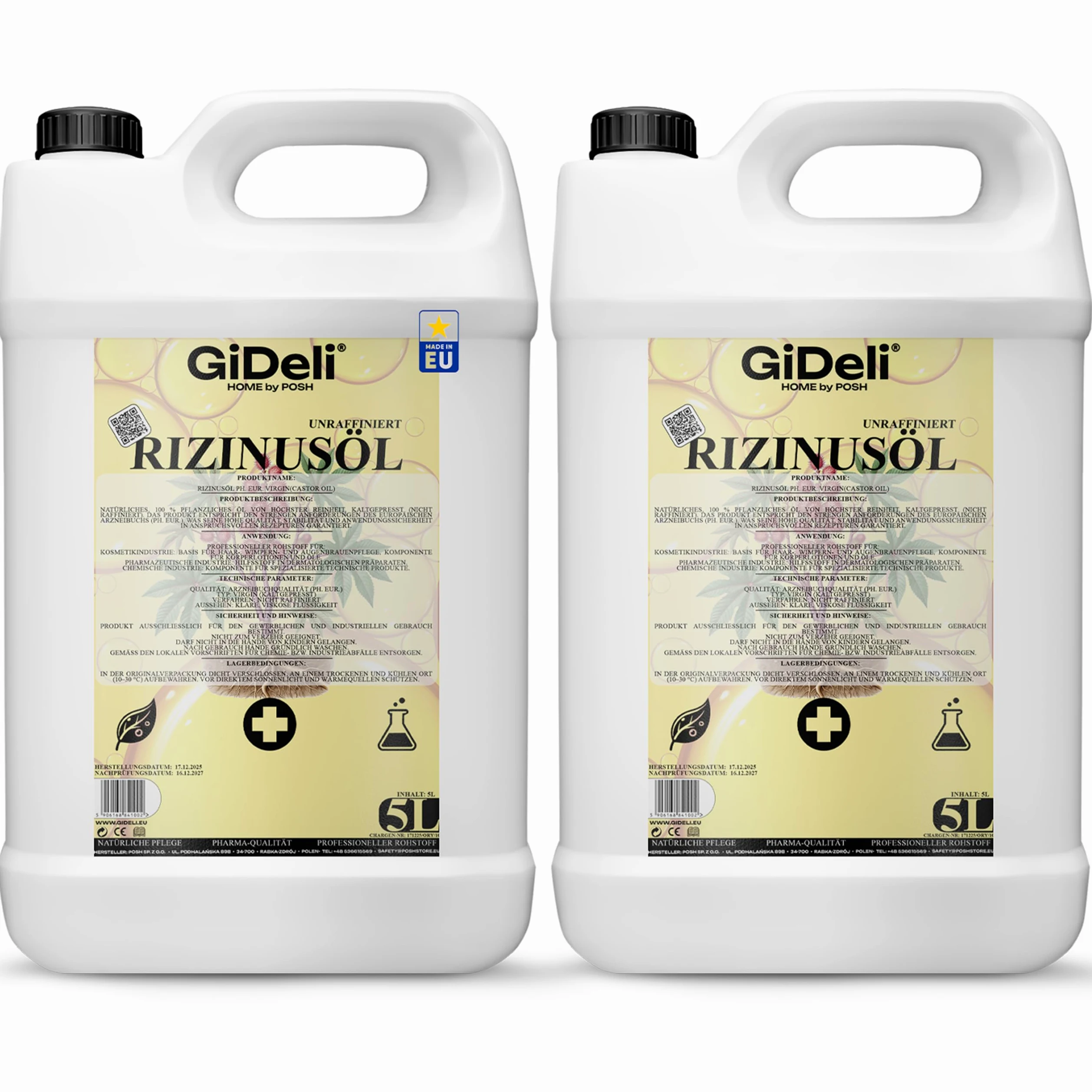GiDeli Aceite de ricino prensado en frío, 2 x 5 l, puro aceite de ricino en Ph. Eur. Calidad para cabello, pestañas y piel – Aceite de cuidado sin refinar como base para cosméticos naturales DIY – Sin