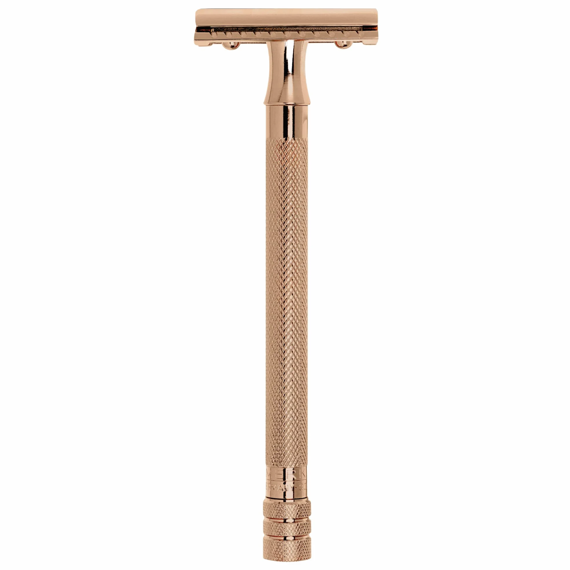 MERKUR Maquinilla de afeitar unisex PVD Gold 24G, de tres piezas en PVD oro rosa con corte recto, peine cerrado, ideal para afeitado en húmedo, zinc fundido, mango de latón, fabricado en Alemania
