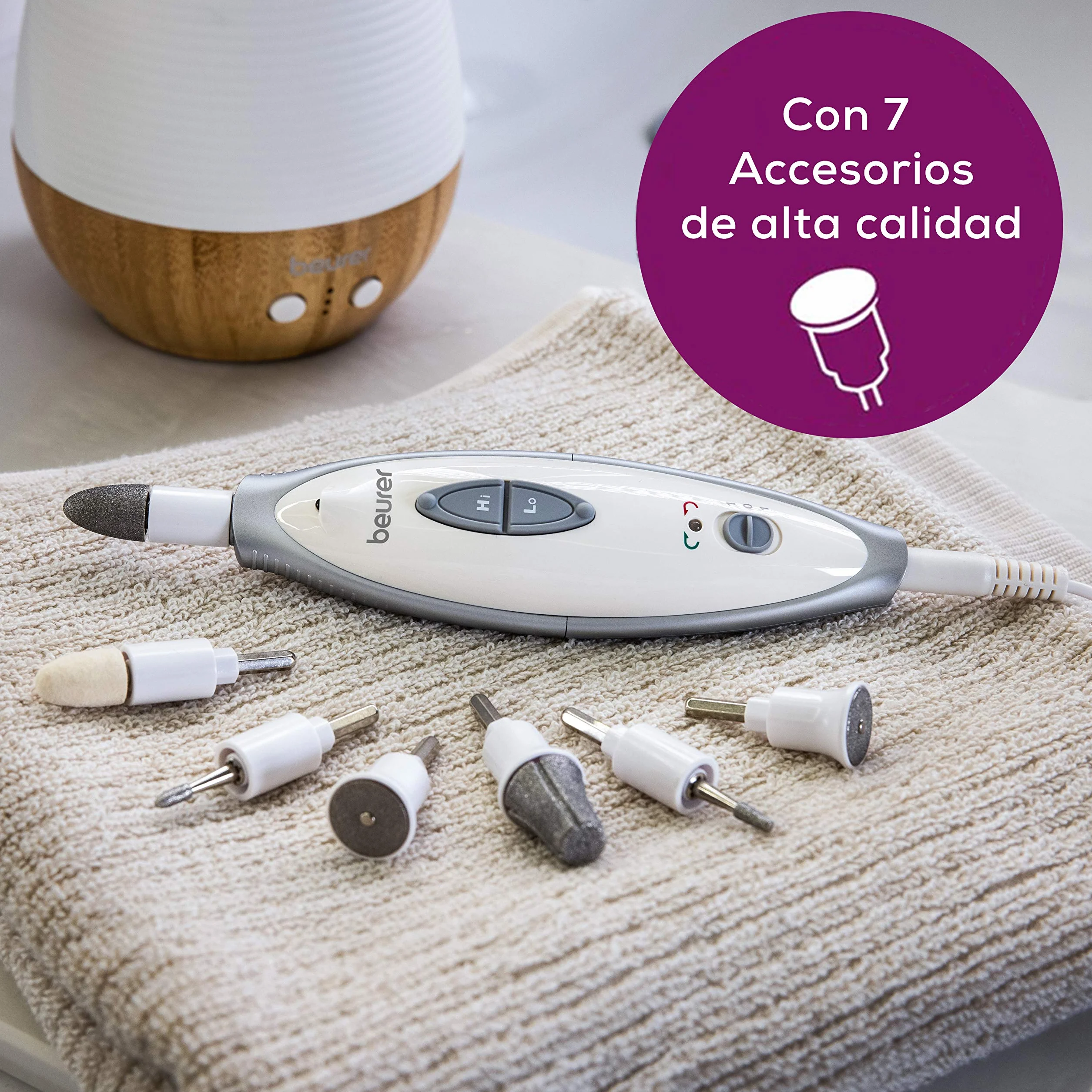 Beurer MP 41 Set de manicura y pedicura profesional, torno para uñas, 7 accesorios, luz LED, rotación izquierda/derecha, 2 velocidades