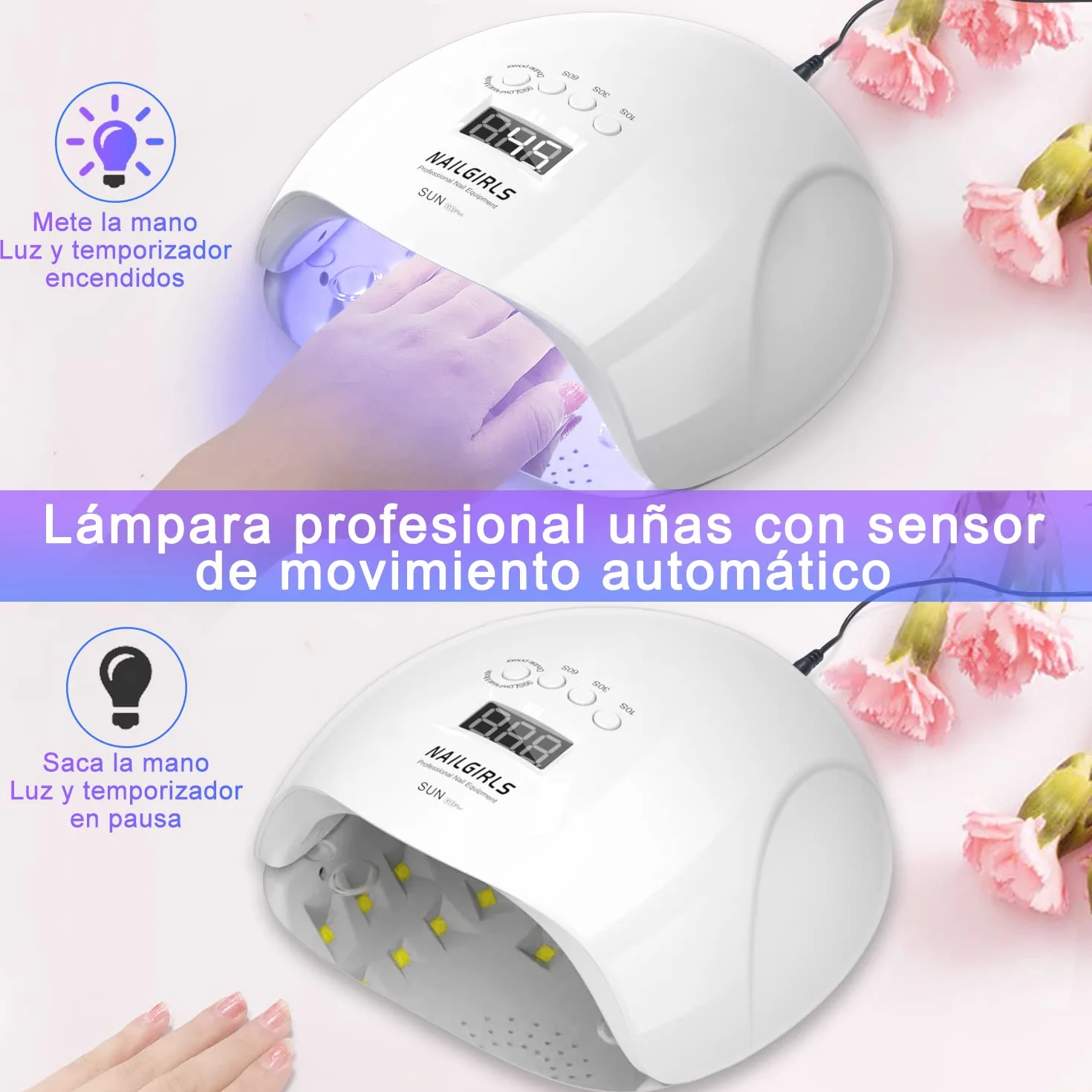 NAILGIRLS Lámpara Uñas LED UV 150W 4 Temporizadores Secador Profesional Pantalla LCD Placa Magnética Extraíble