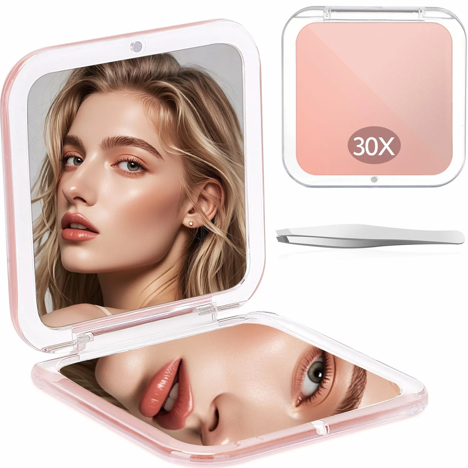 Espejo de Maquillaje Zikenis 1X/30X Aumento, Plegable Portátil con Interruptor Magnético, Rosa