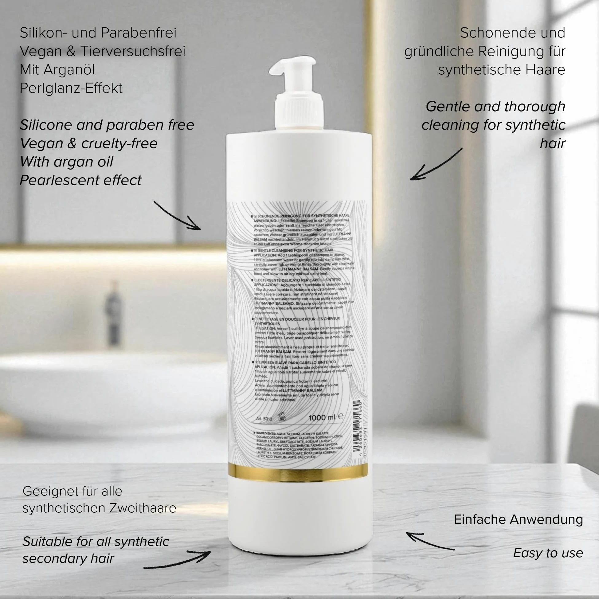 Juego de cuidado de pelo sintético para pelucas, champú y bálsamo, 1000 ml, limpieza suave para cabello sintético, especialmente para postizos y pelucas