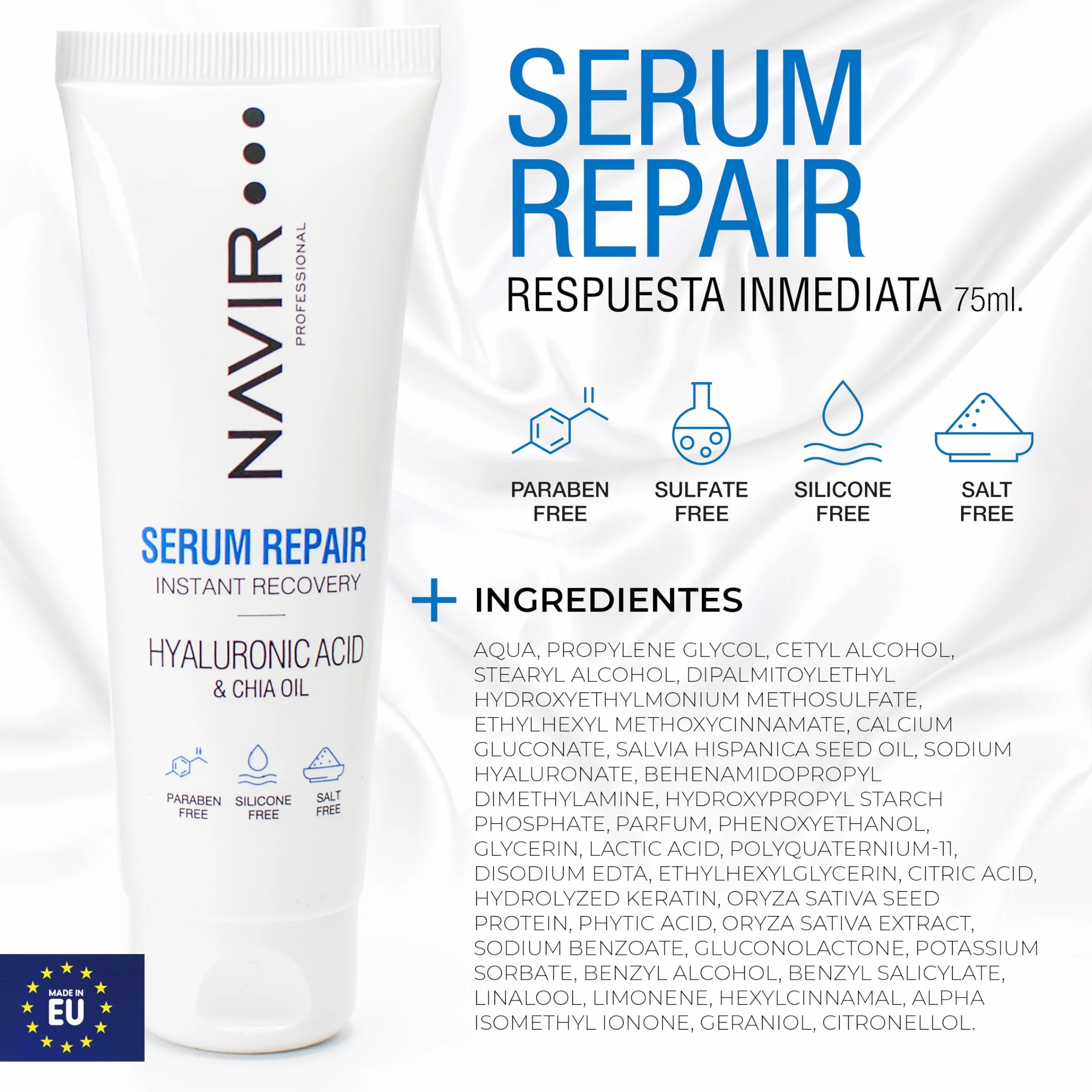 NAVIR Profesional | Sérum pelo seco y dañado con Ácido Hialurónico, Keratina y Aceite de Chía – Anti Frizz e hidratación profunda – Tratamiento hidratante cabello – Sin sulfatos ni parabenos - 75 ml