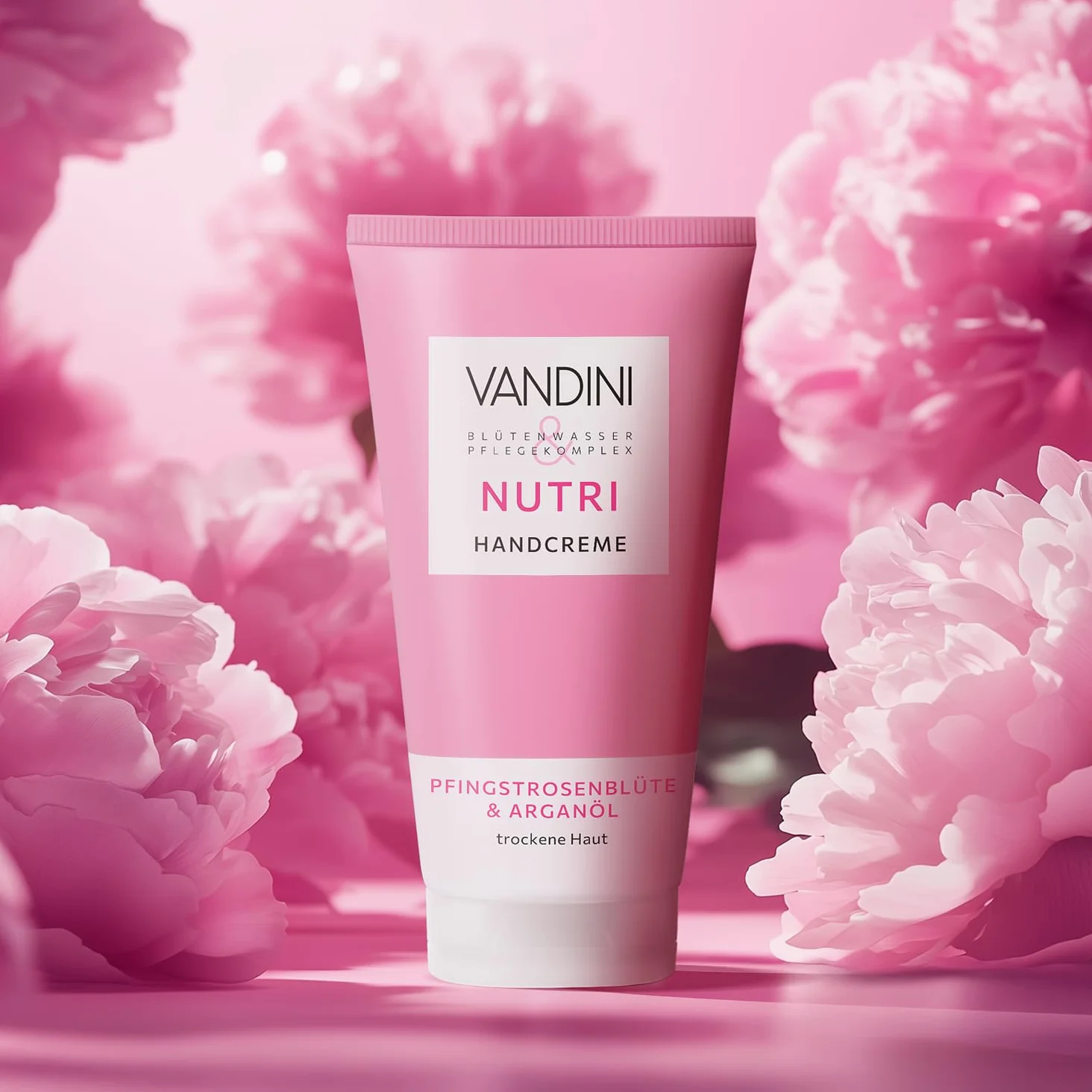 VANDINI NUTRI Crema de manos para mujer, 6 unidades, 75 ml, con flor de peonía y aceite de argán, crema de manos para piel seca, vegana, sin parabenos ni siliconas, dermatológicamente probada