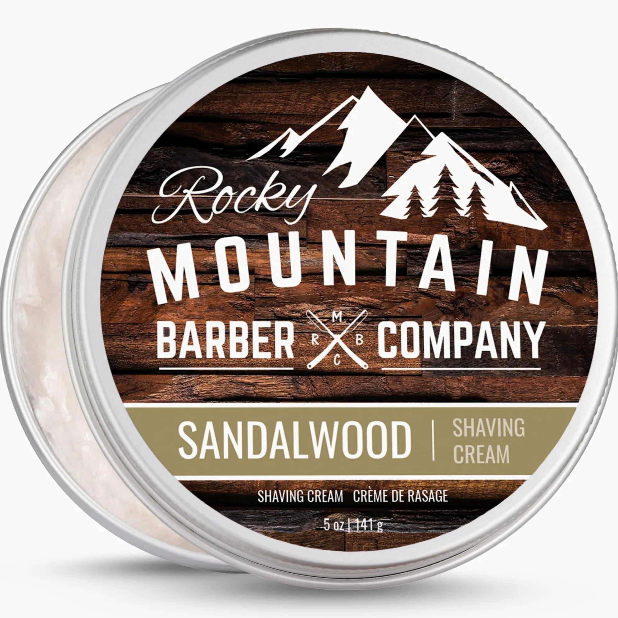 Crema de afeitado para hombres de Rocky Mountain Barber Company, con aceite esencial de sándalo natural, hidratante, antiinflamatoria, para pieles sensibles y todos los tipos de piel (148 ml)