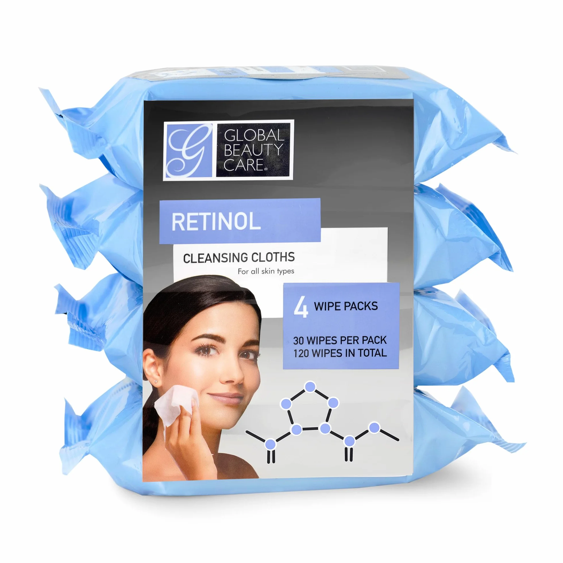 Global Beauty Care- Toallitas limpiadoras de tela, paquete de 4, 120 unidades (retinol)