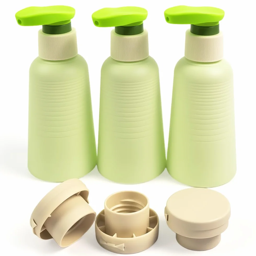 Botes Viaje Rellenables 100 ml 3 Piezas, Botellas Champú Prueba de Fugas con Tapón Flip y Dosificador, sin BPA